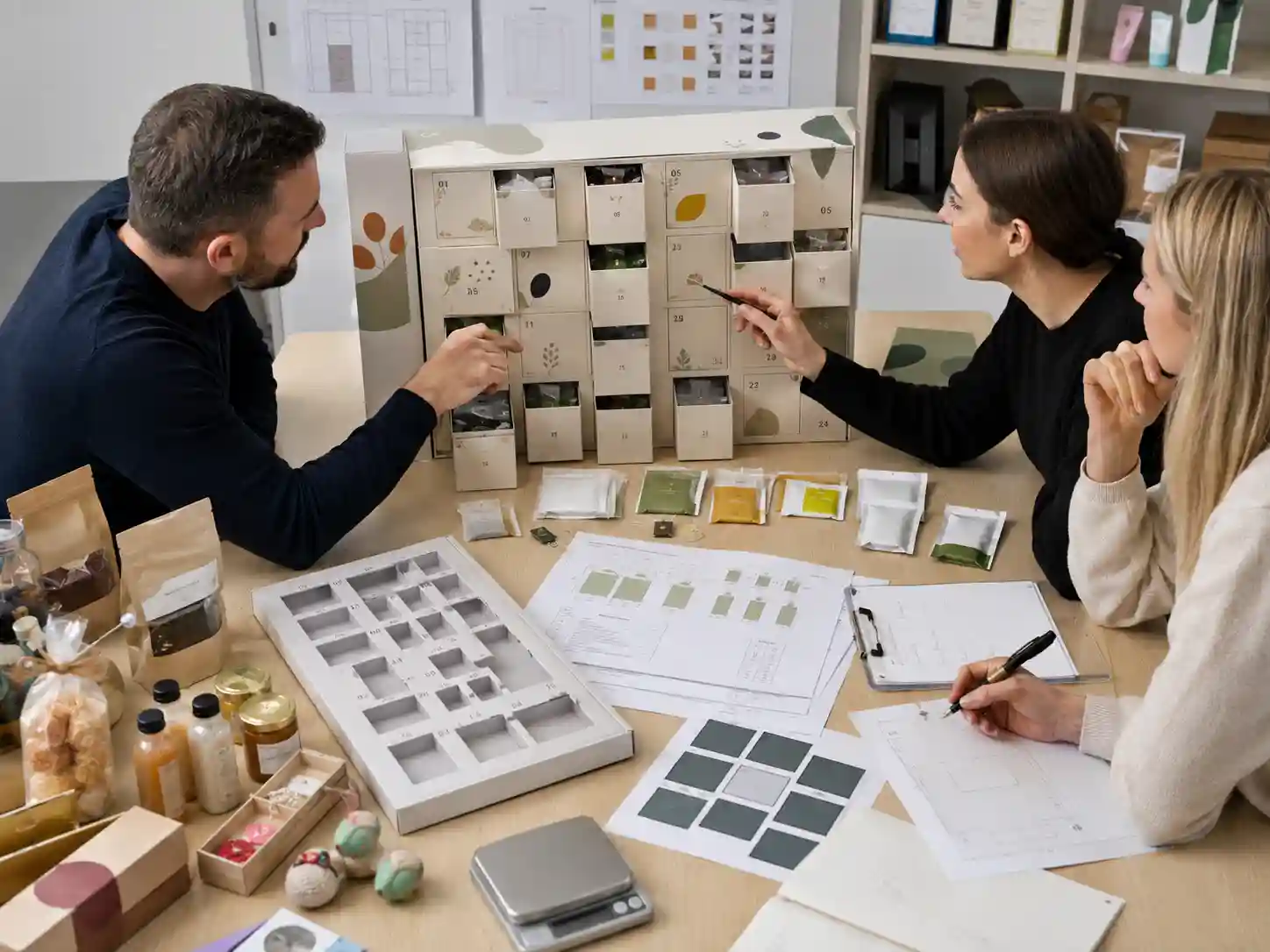 Packaging specialists reviewing tea sachet compartment fit and crush protection in an advent calendar insert.