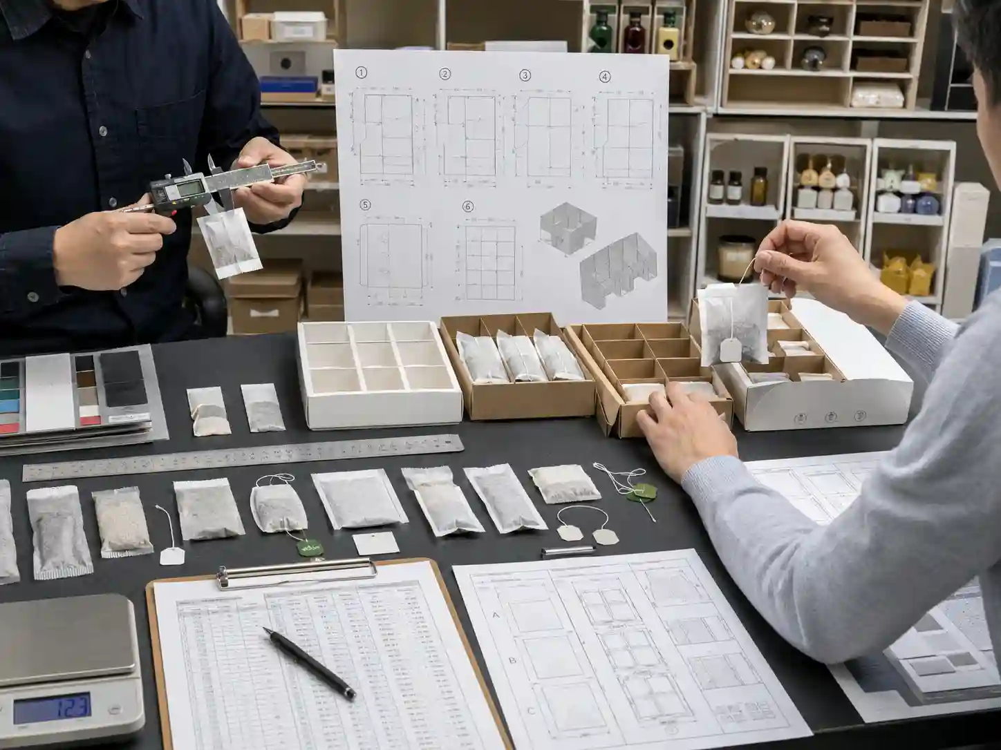 Packaging engineers measuring tea sachets and testing paper insert cavities for crushing, clearance, and fit.