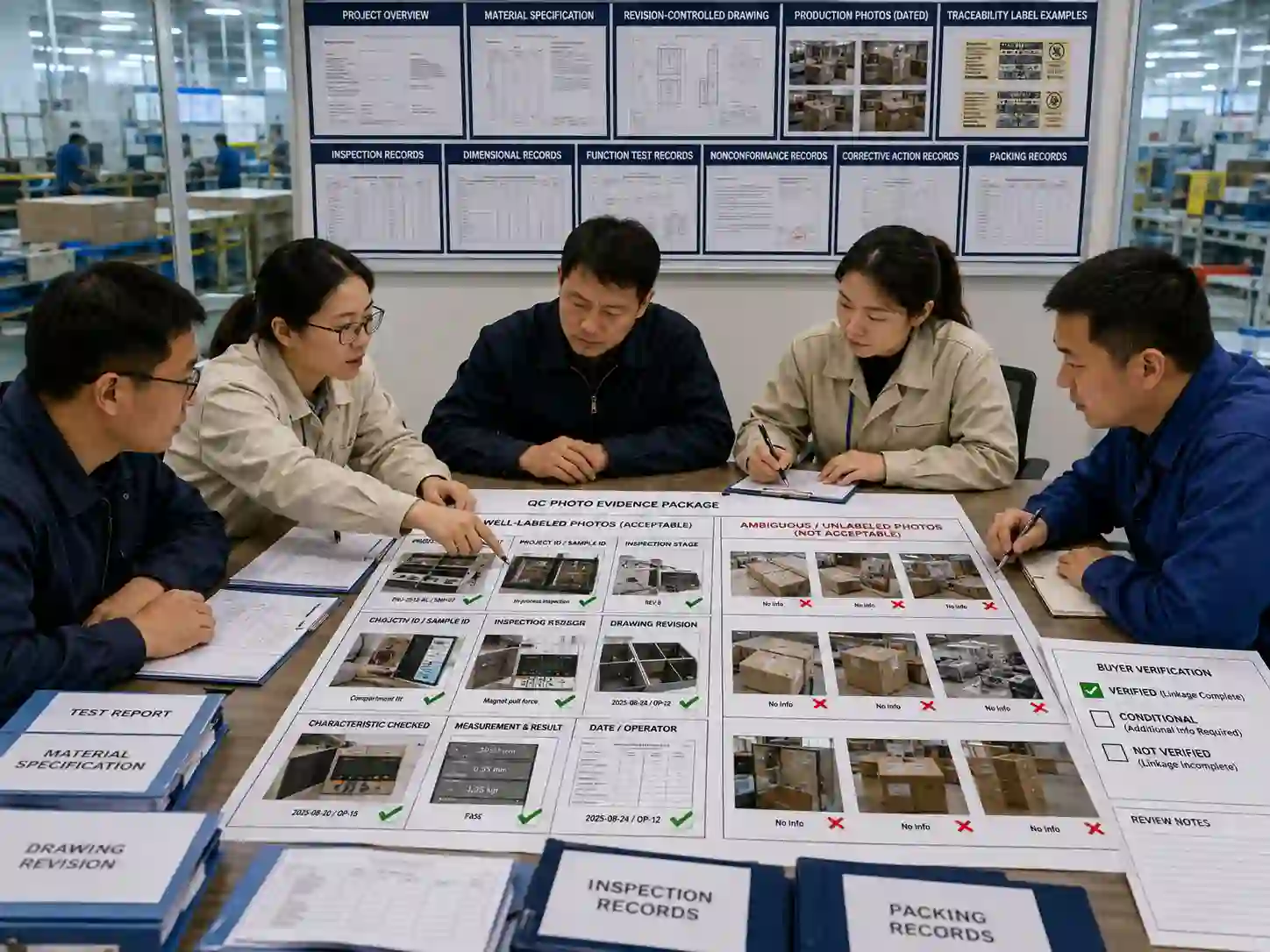 Buyers reviewing labeled QC photos, inspection records and traceability evidence for an advent calendar packaging project.