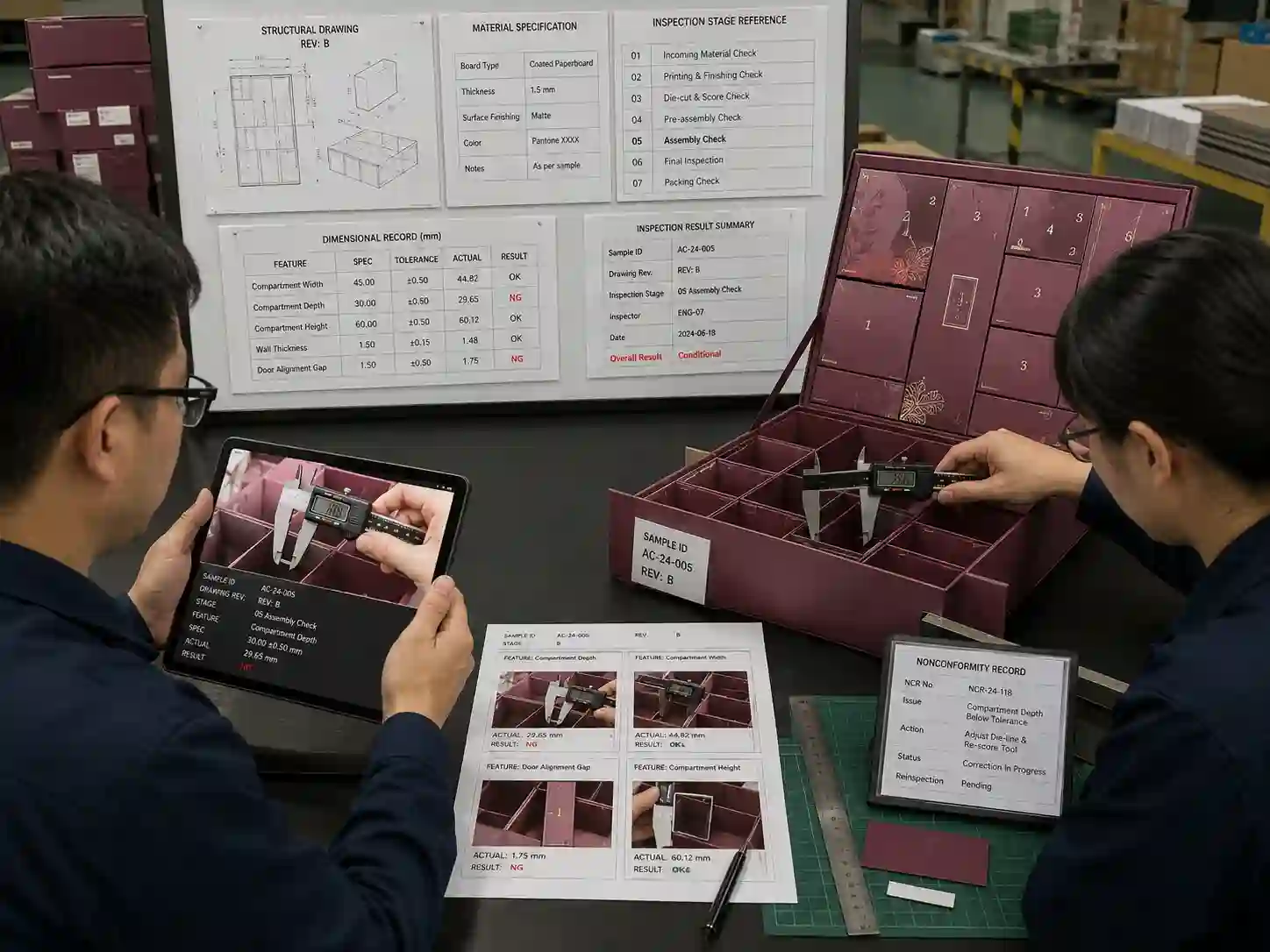 Packaging engineers linking QC photos to sample IDs, drawing revisions and dimensional inspection records.