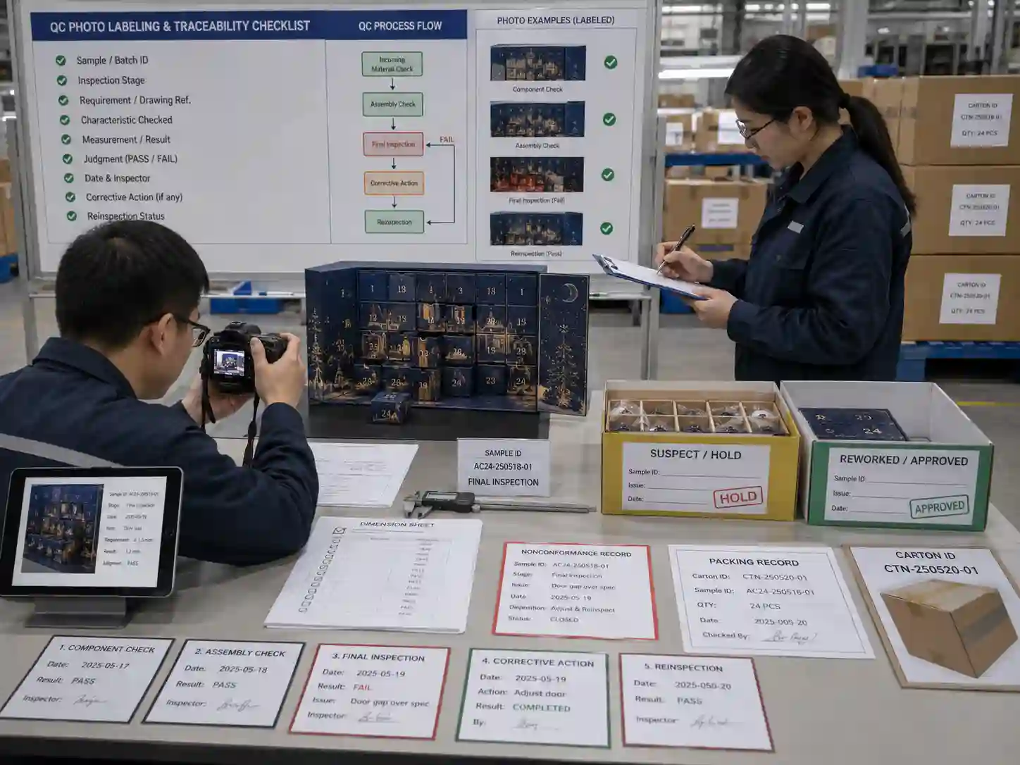 QC staff documenting identified advent calendar samples and cartons with measurements, traceability records and reinspection evidence.