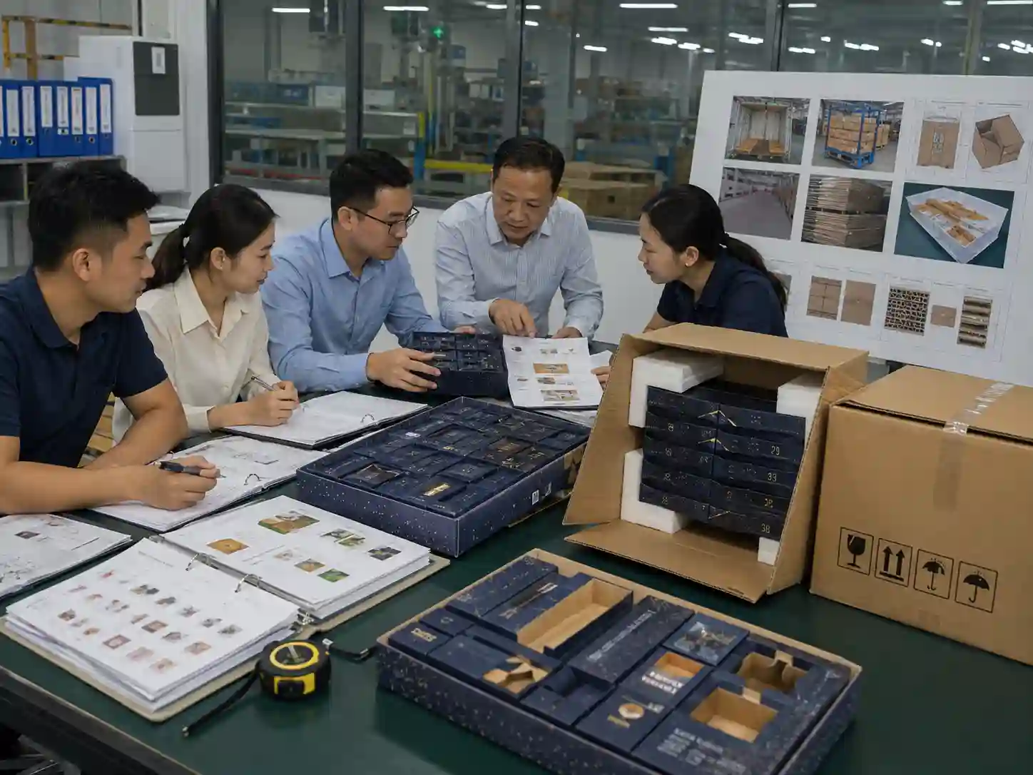 Buyers reviewing export packing supplier questions and factory evidence for advent calendar shipments.
