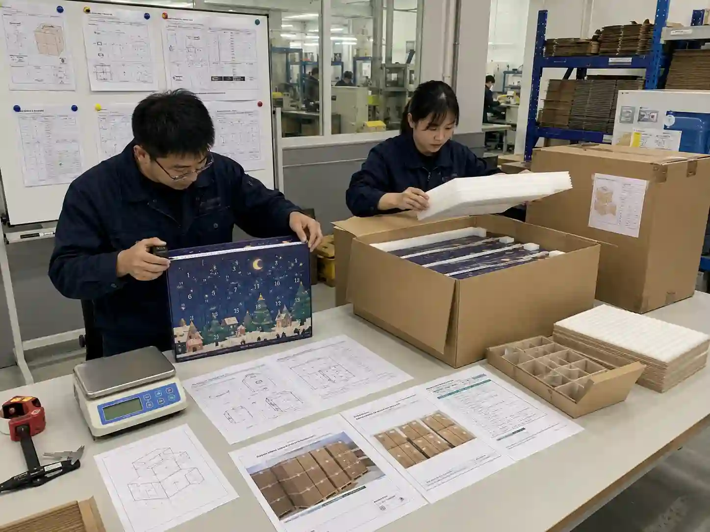 Packaging engineers verifying advent calendar export carton dimensions, weight, orientation and protection.