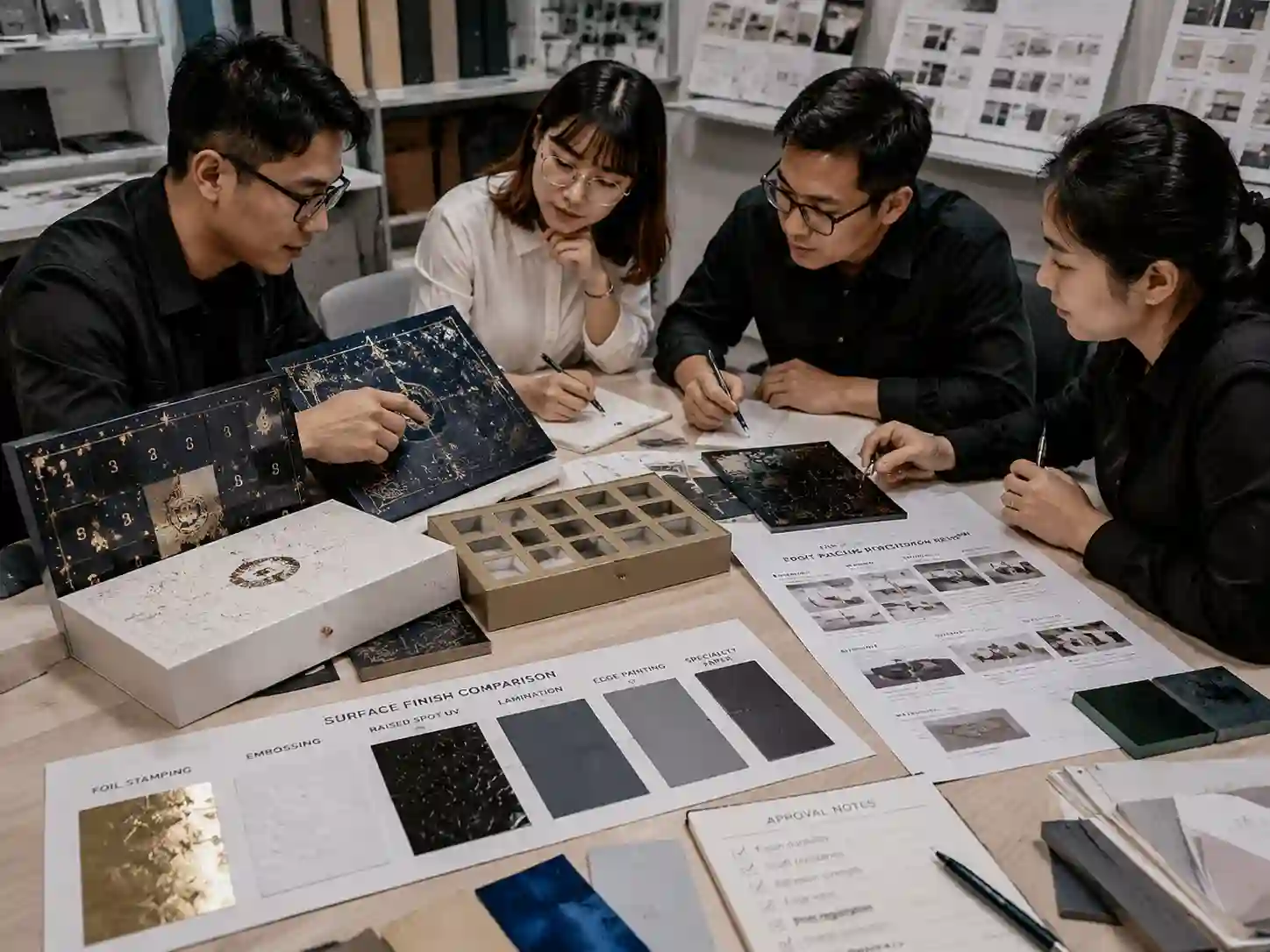Packaging designers reviewing raised finish samples and export packing protection considerations for advent calendar boxes