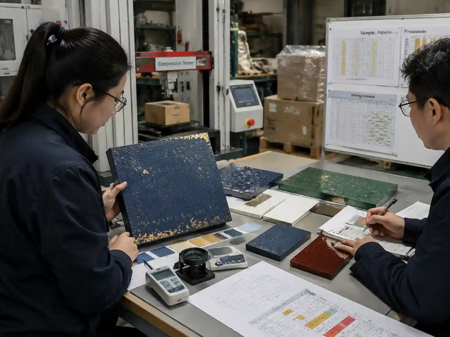 Packaging engineers testing raised finishes and surface durability before export packing approval