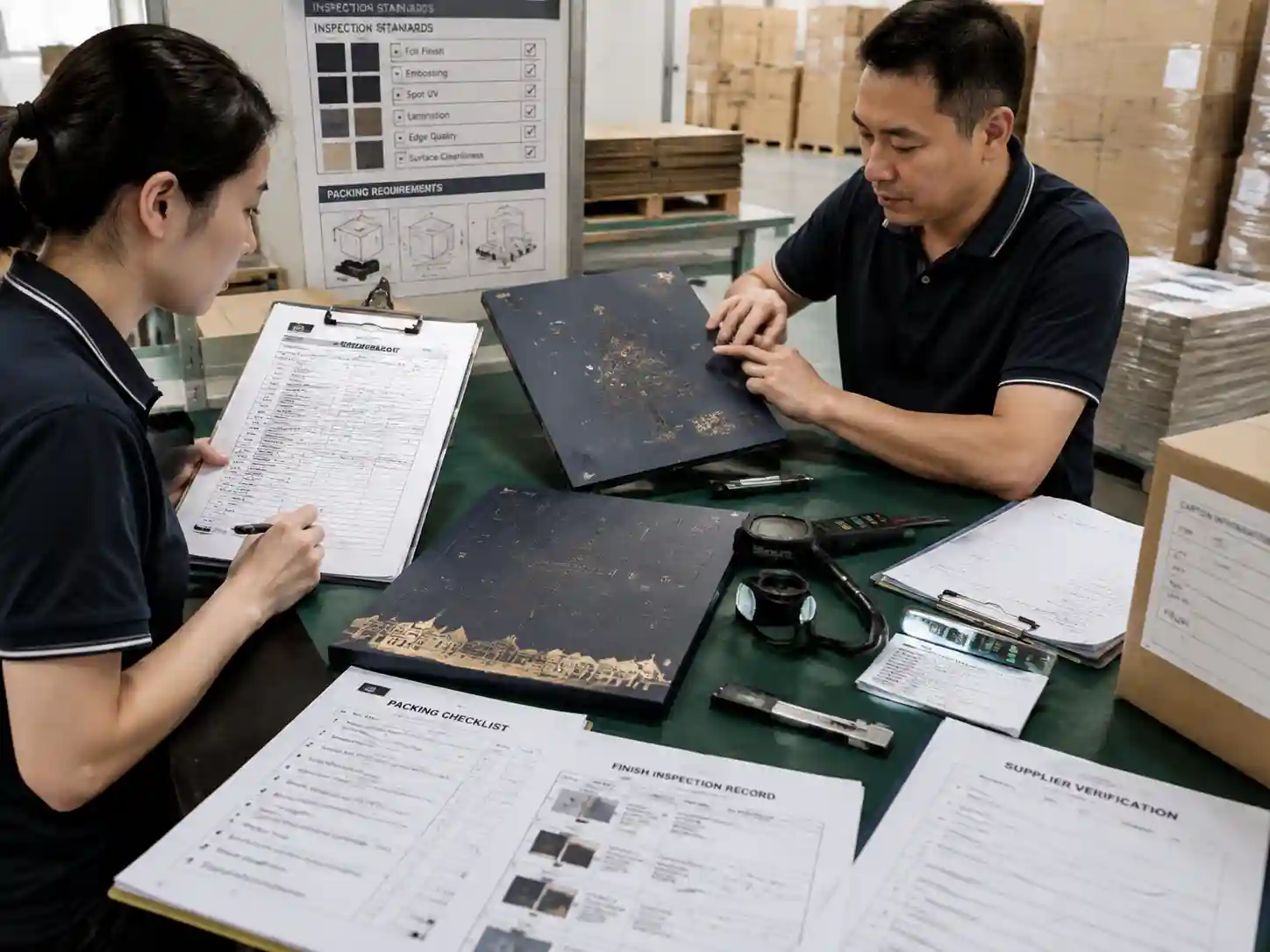 QC team verifying raised finish quality and export packing protection records for packaging production