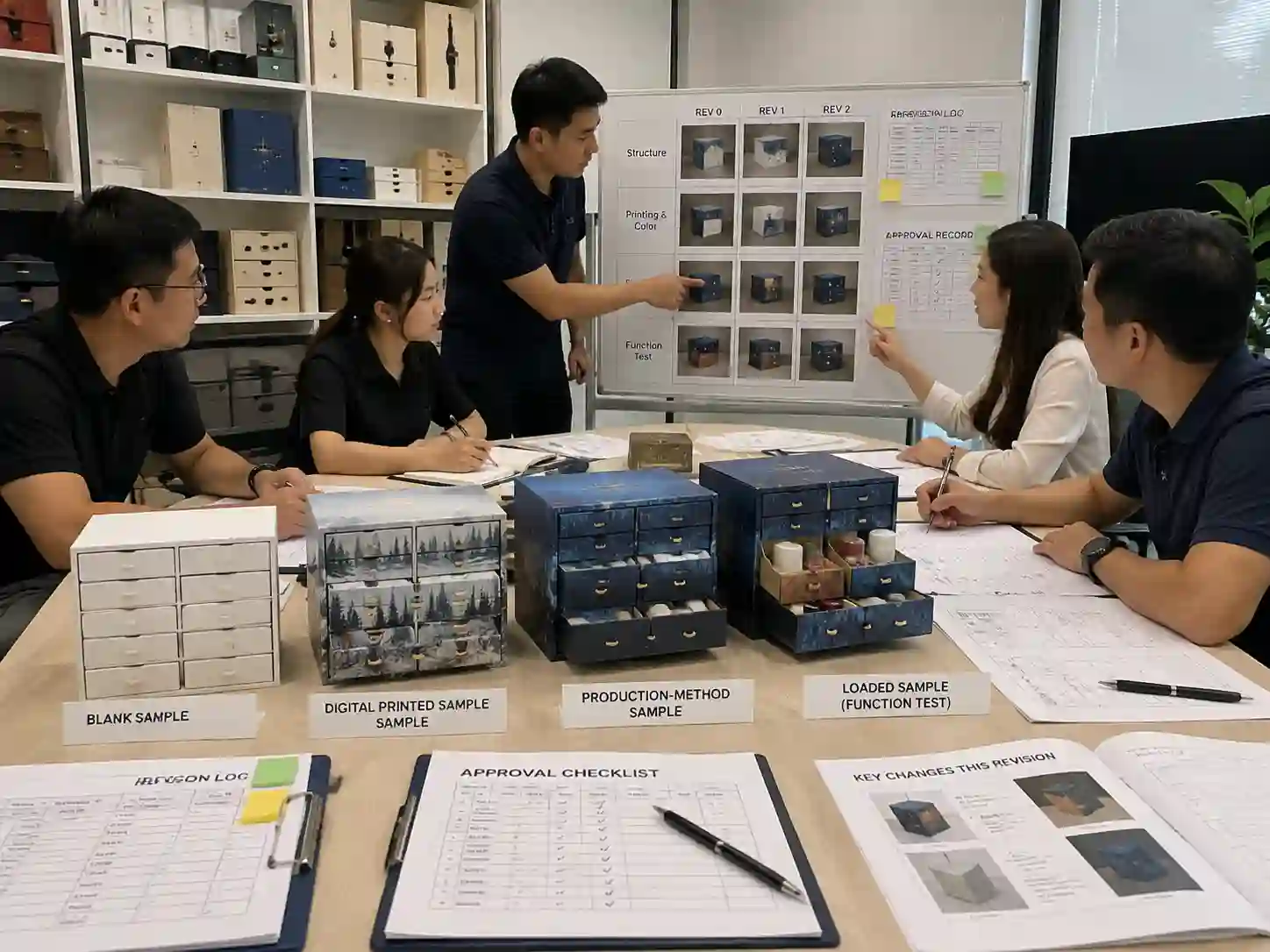 Packaging teams comparing revised samples with approval records during packaging sample revision control review.