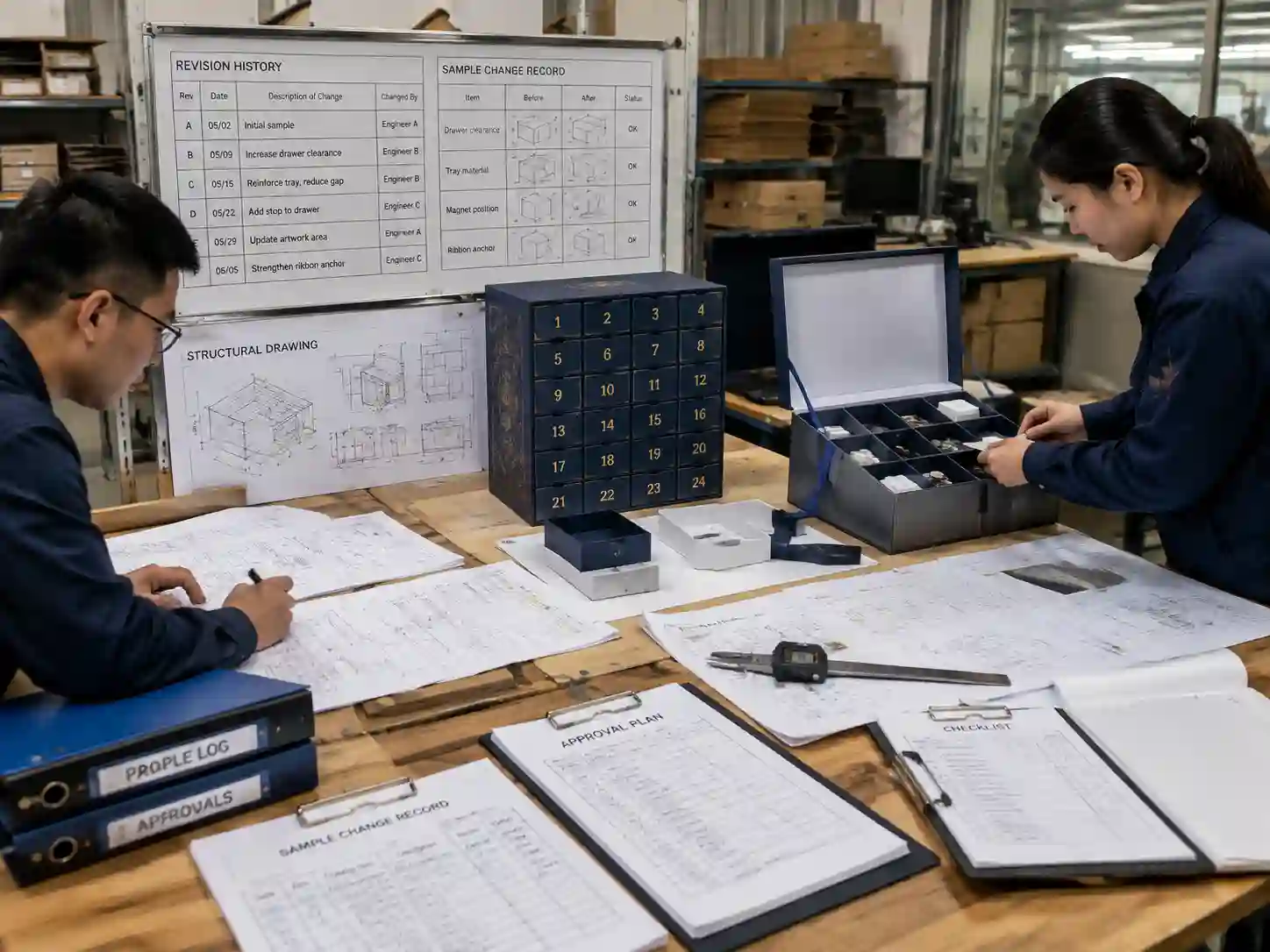 Packaging engineers documenting sample revisions with drawings, measurements, and controlled approval records.
