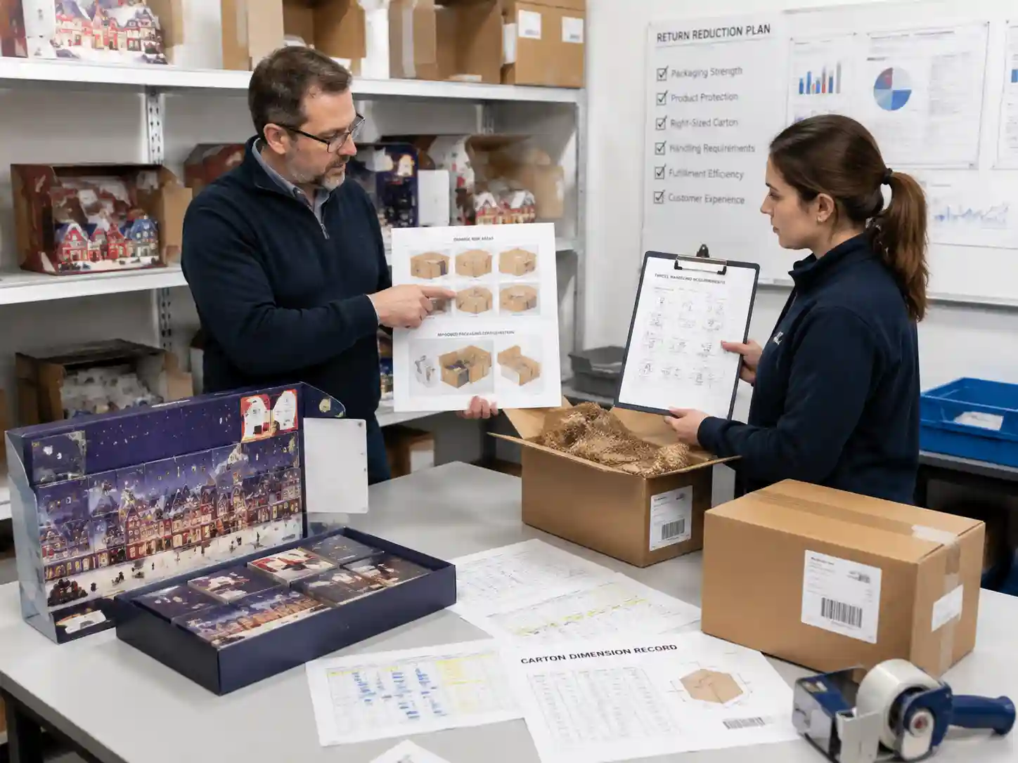 Packaging specialists reviewing e-commerce packaging damage prevention methods for advent calendar boxes