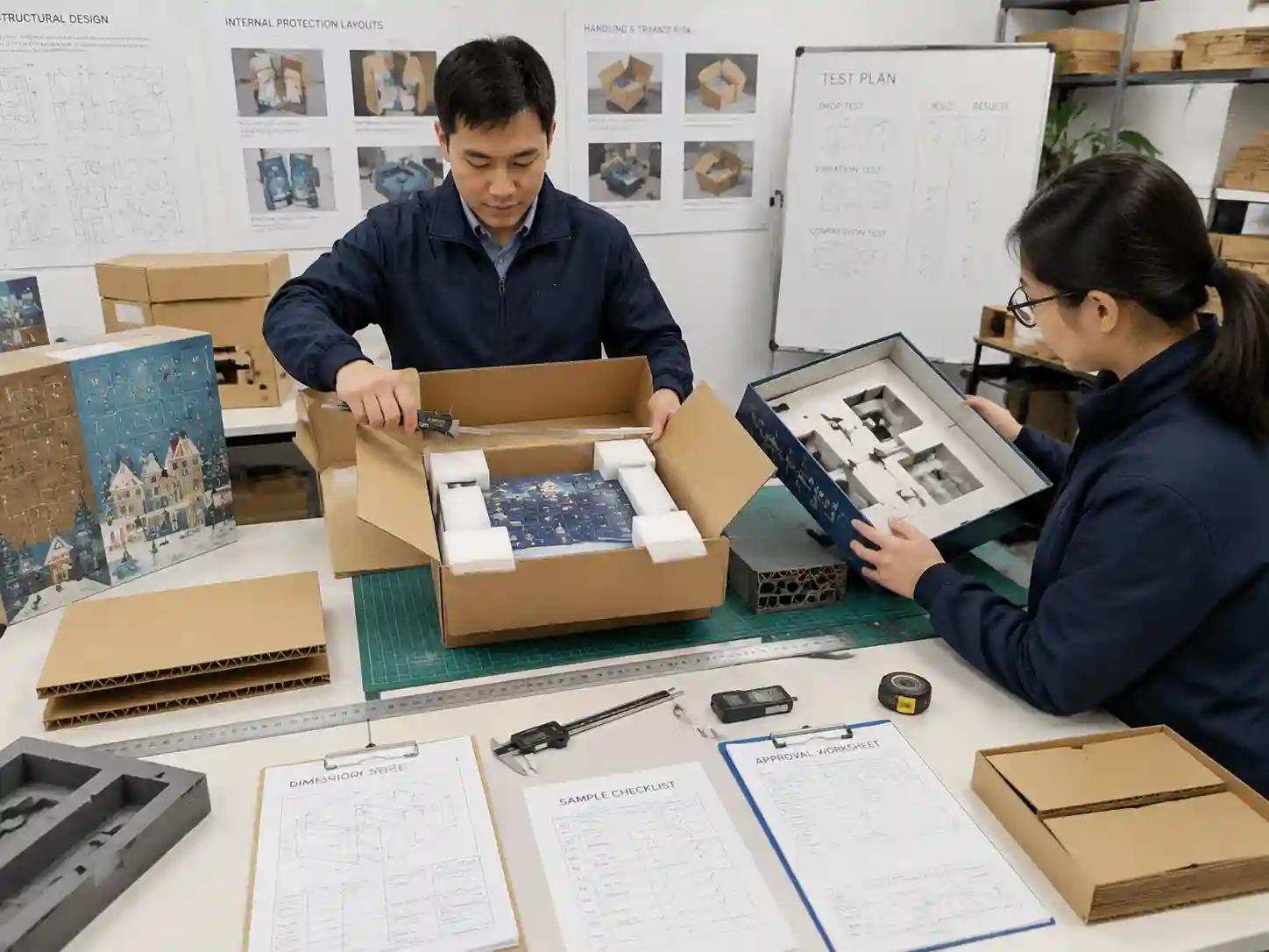 Packaging engineers testing protection methods to reduce damage returns for advent calendar packaging