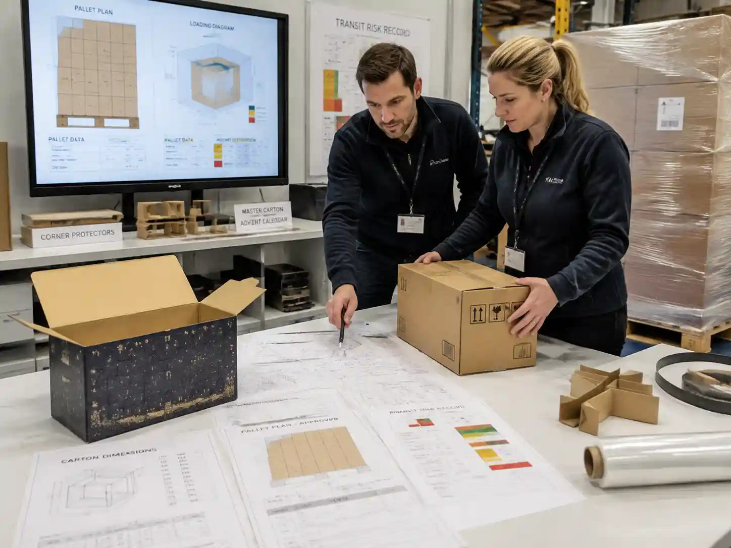 Packaging specialists reviewing reduced carton void design with master cartons, pallet plans, and transit protection records.