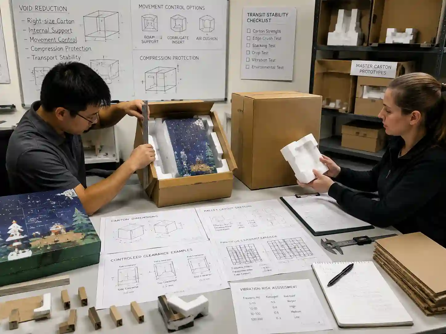 Packaging engineers testing carton fit, clearance, and support methods for reduced void export packing.