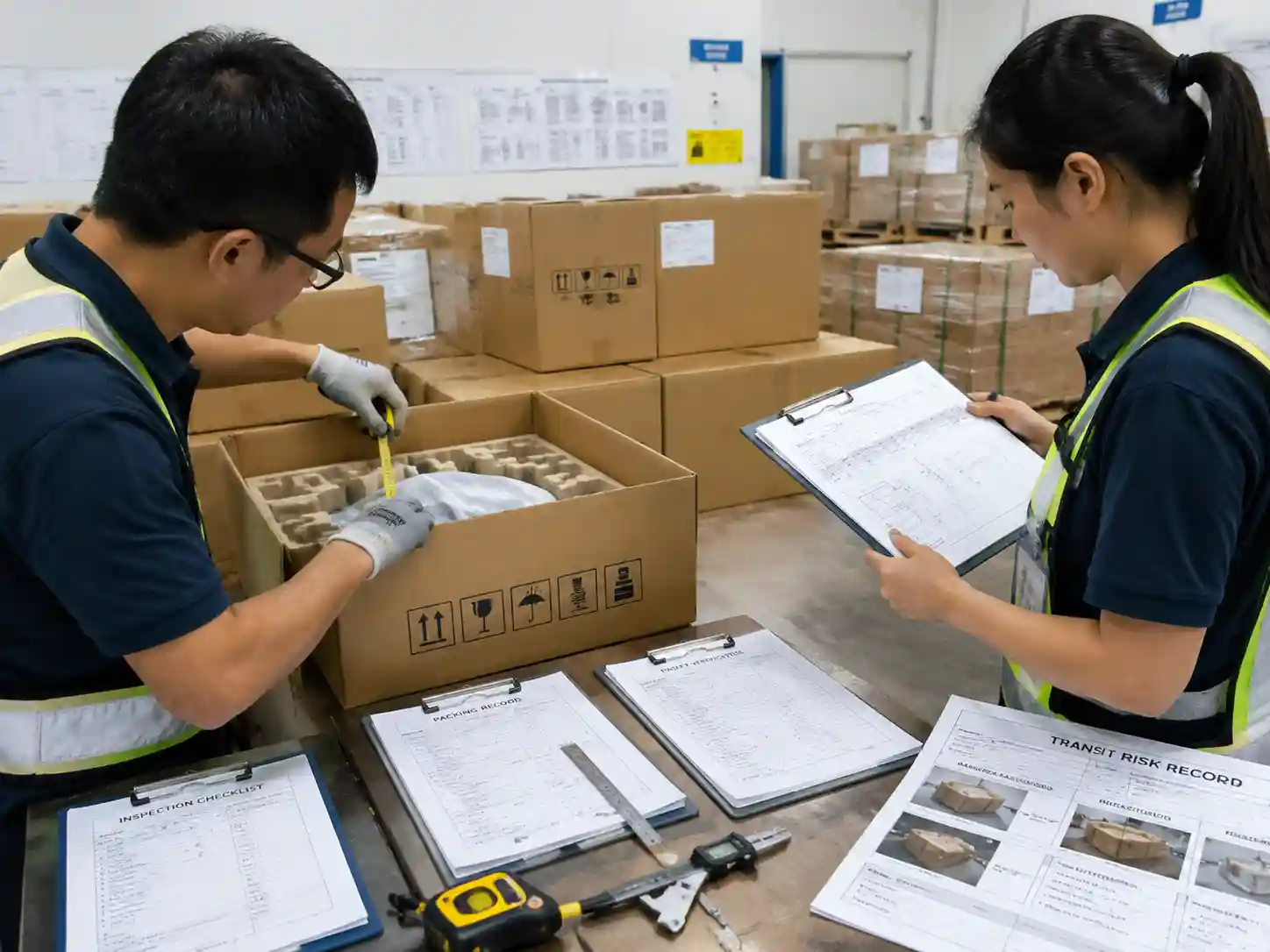 QC team verifying reduced void carton packing with measurements, records, and shipment approval documents.
