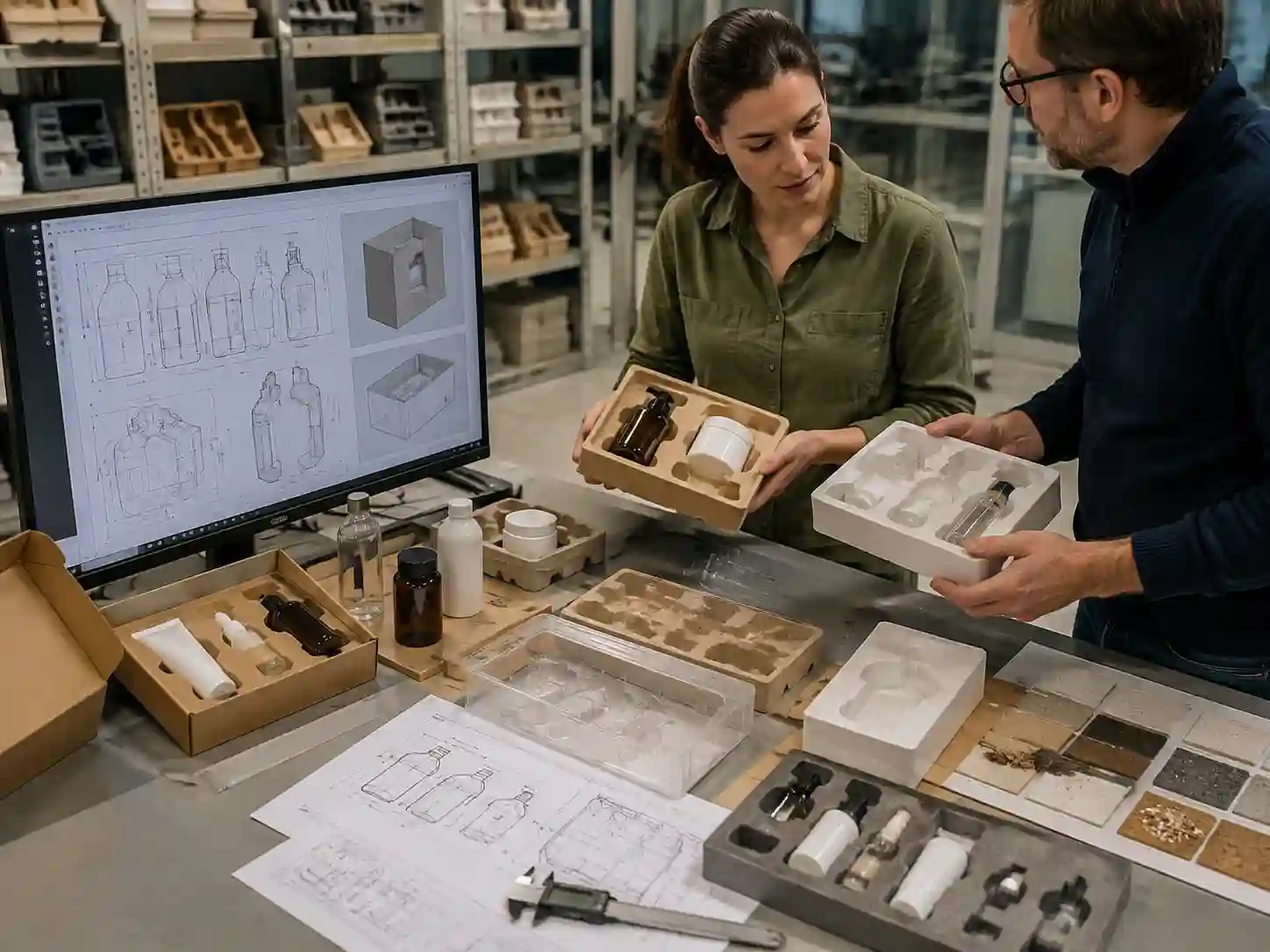 Packaging engineers comparing plastic-free insert materials and cavity designs for product retention