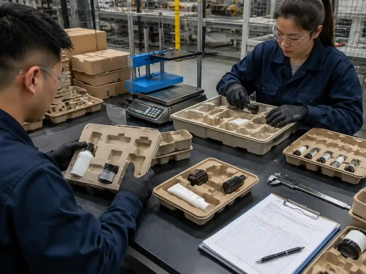 Technicians validating plastic-free insert prototypes with product loading and retention testing