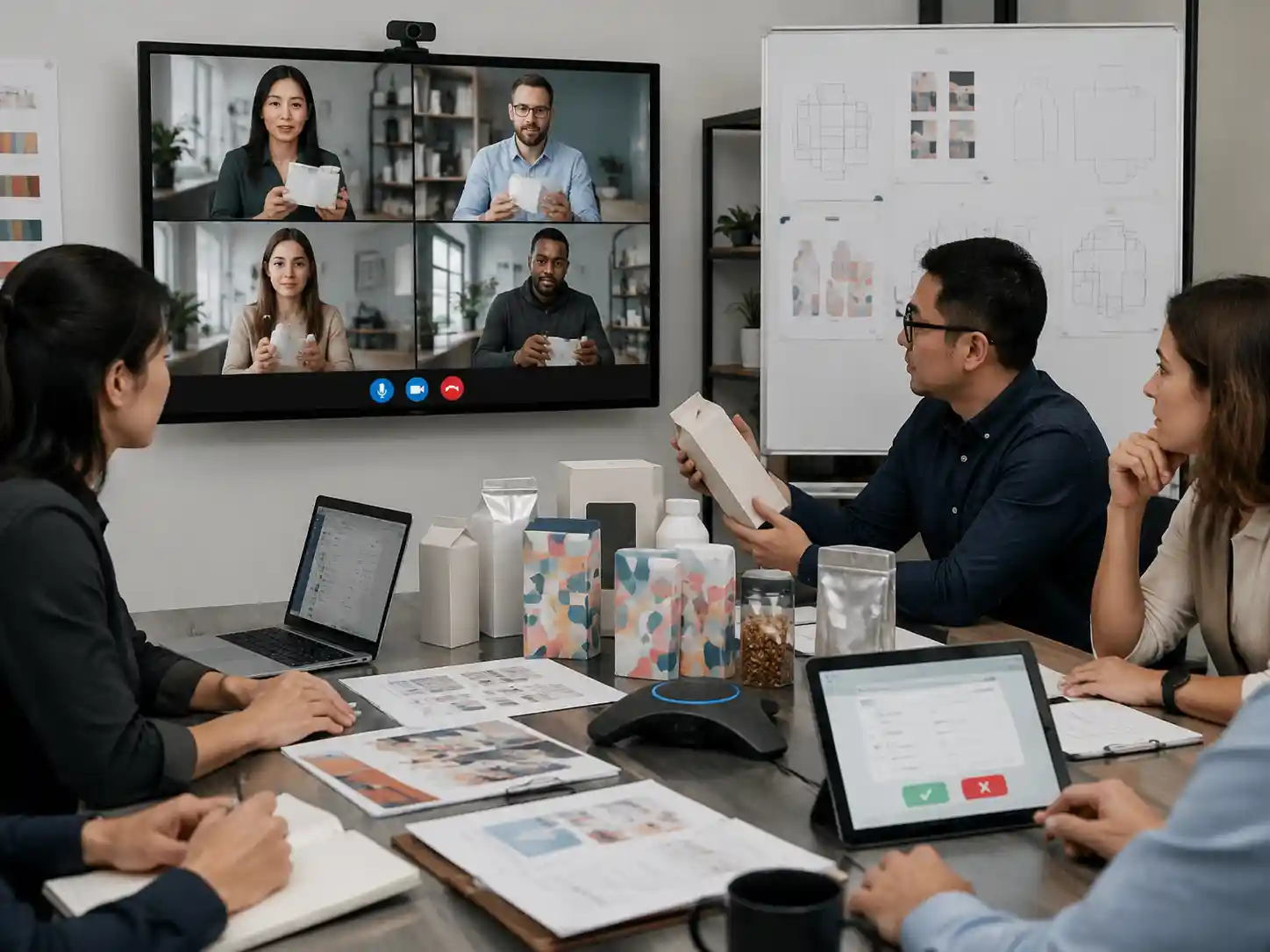 Remote packaging sample approval review with packaging teams checking samples, revisions, and approval records.