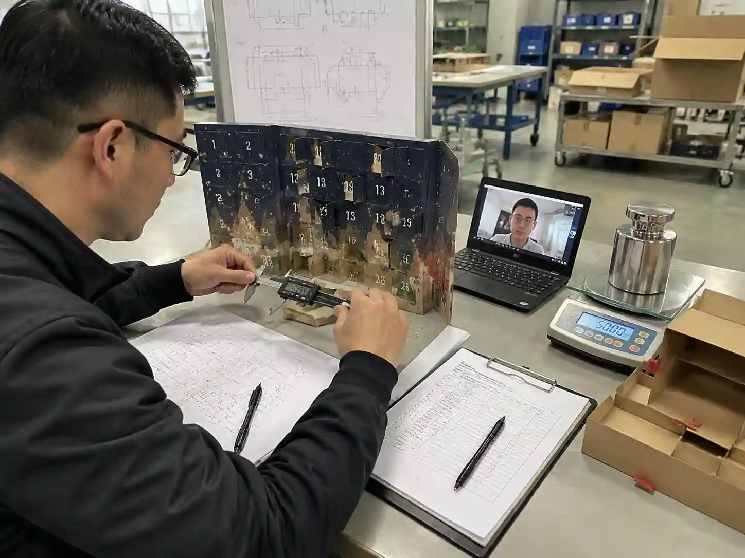Packaging engineers testing sample structure and functional details for remote approval.
