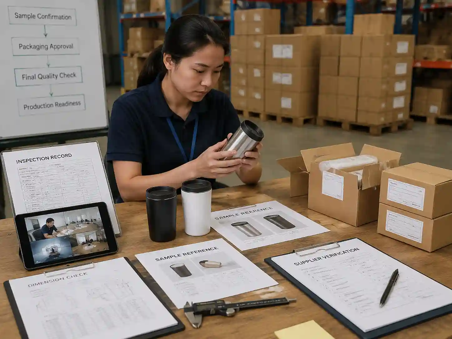 Quality inspection team documenting packaging sample approval records and verification checks.