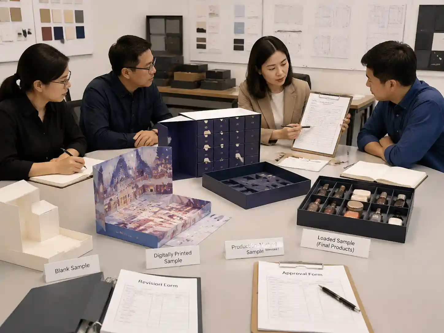 Packaging teams selecting approved retained reference samples with revision records and approval documents
