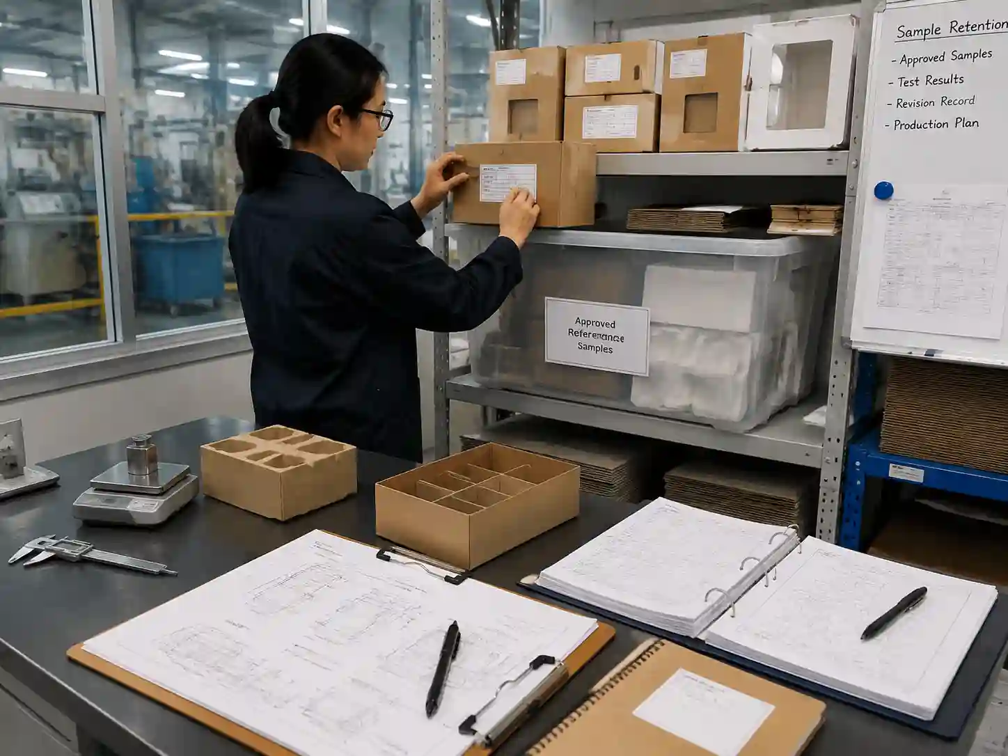 Packaging engineers verifying retained reference samples with measurements and production records