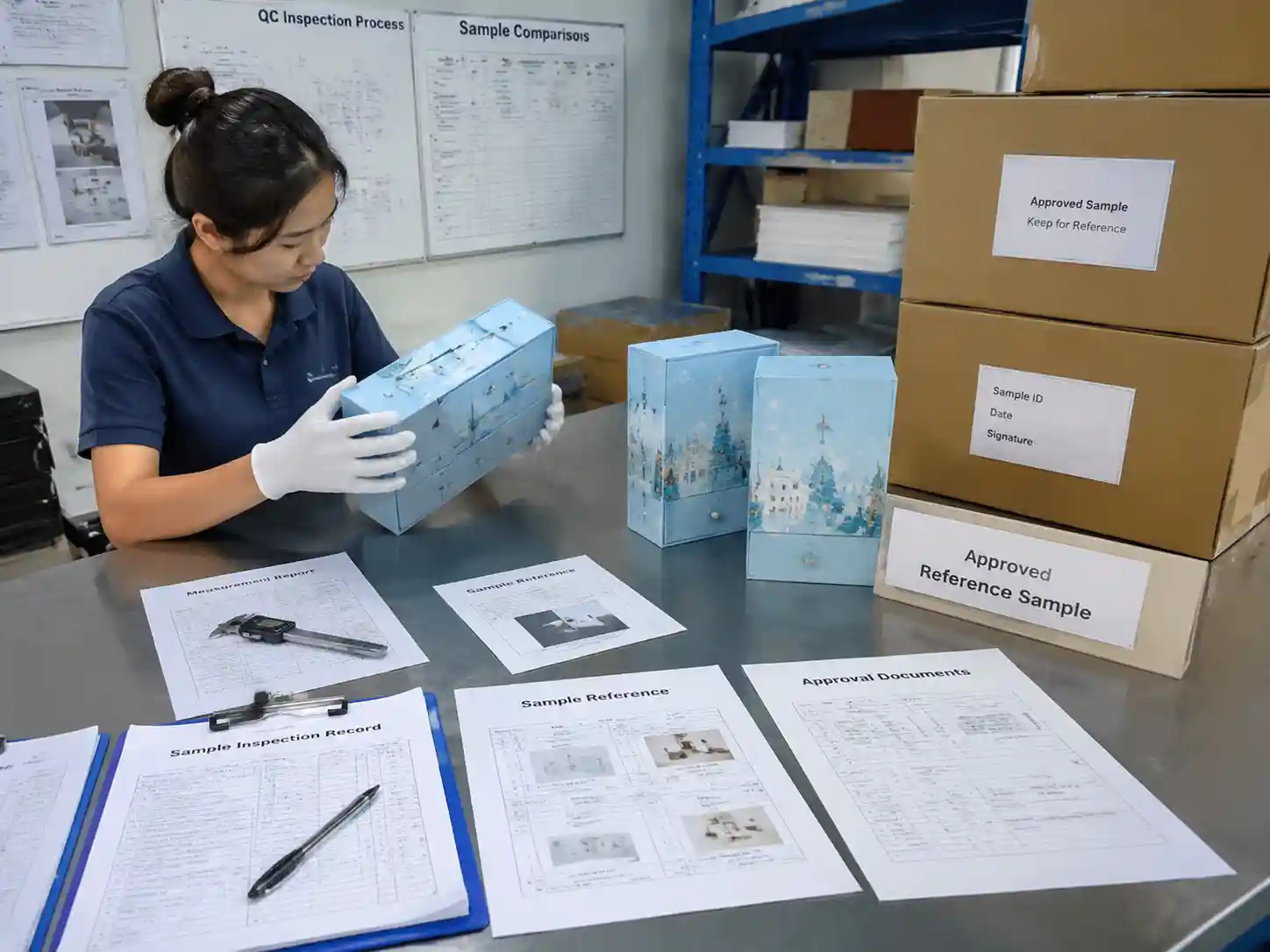 Quality control staff verifying retained packaging reference samples with inspection records