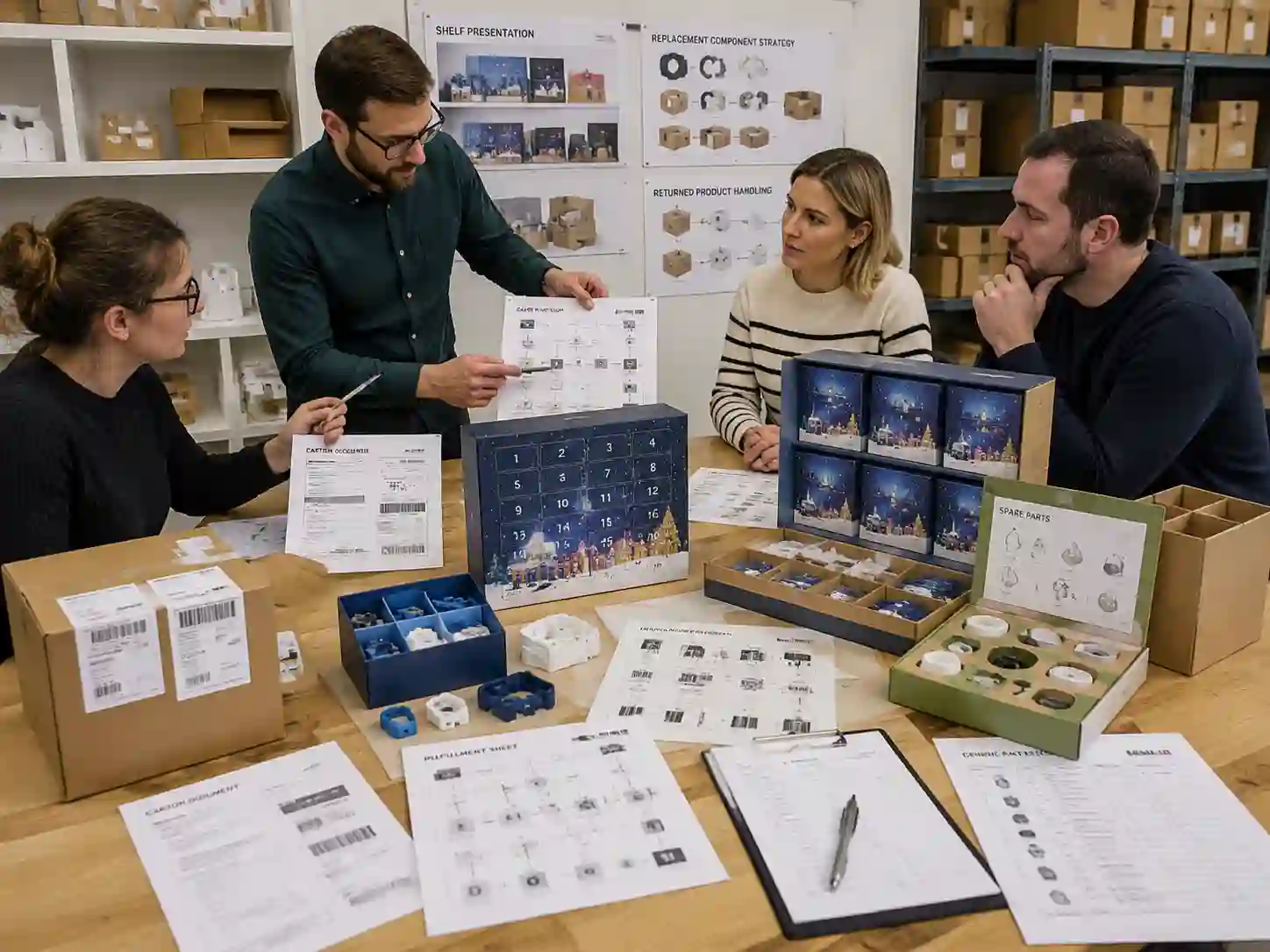 Retail packaging review team planning returns and replacement parts for advent calendar fulfillment