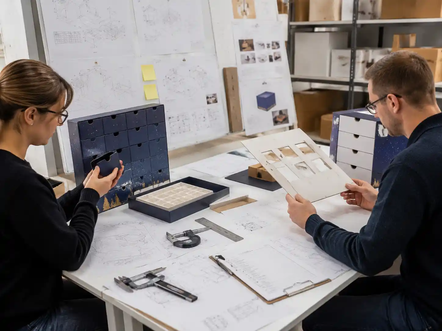 Packaging engineers testing replacement components and return handling plans for advent calendar boxes