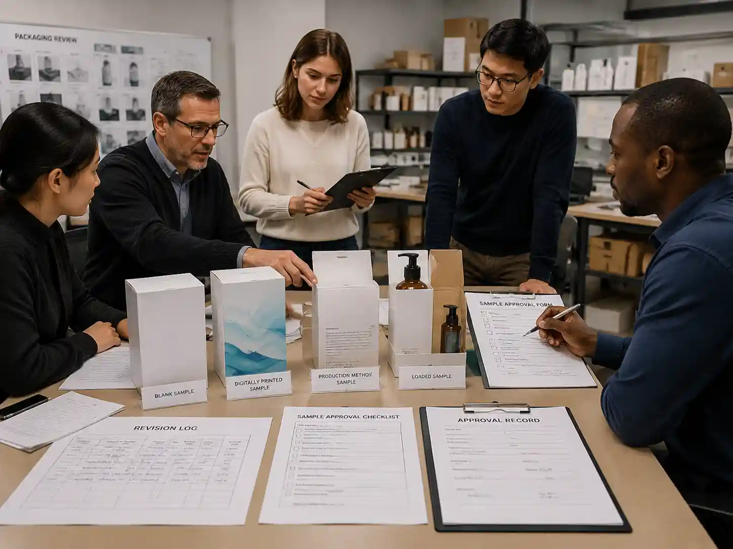 Packaging teams reviewing sample approval forms with packaging samples and revision records