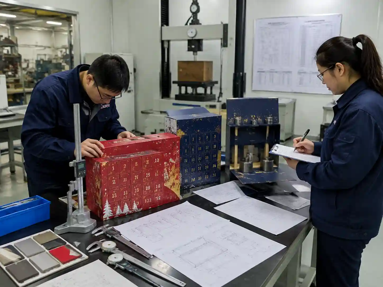 Packaging engineers checking sample measurements and revision documentation before approval