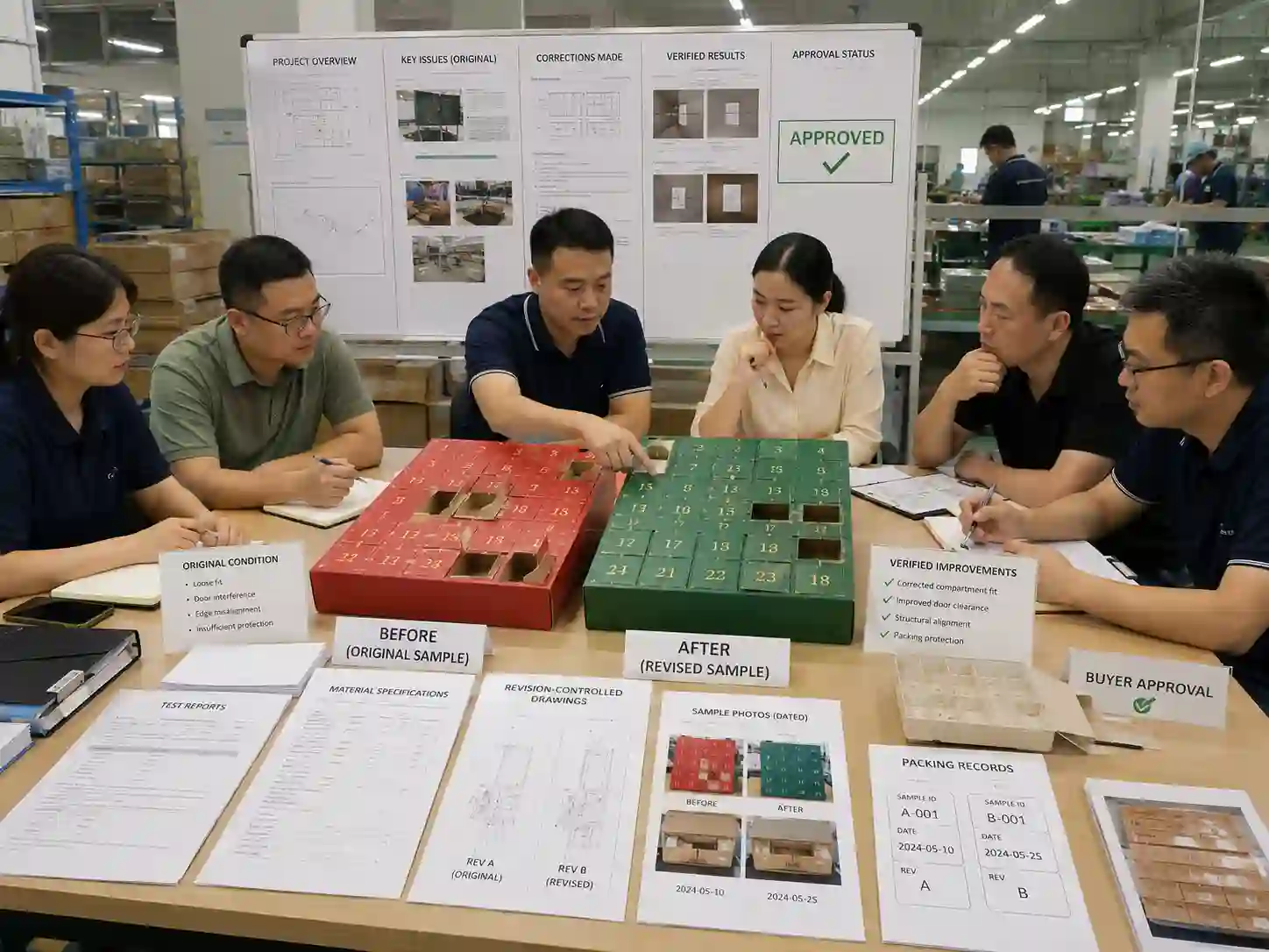 Buyers reviewing before-and-after advent calendar packaging samples with controlled test reports, drawings and traceability evidence.
