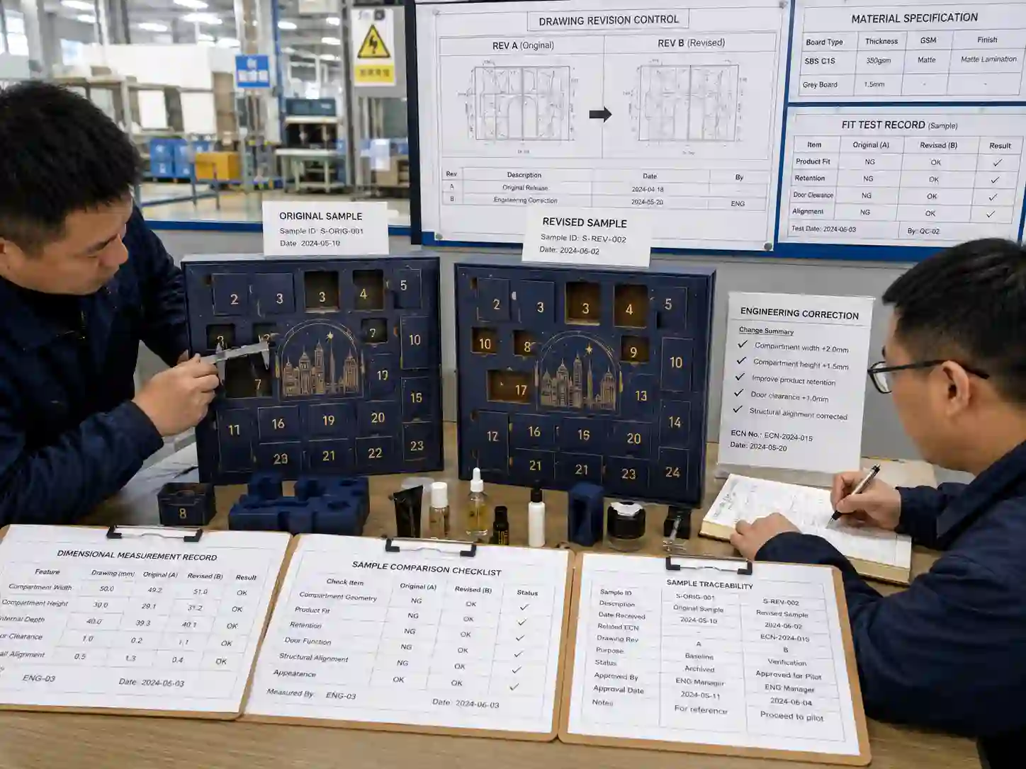 Packaging engineers measuring original and revised advent calendar samples after a documented structural correction.