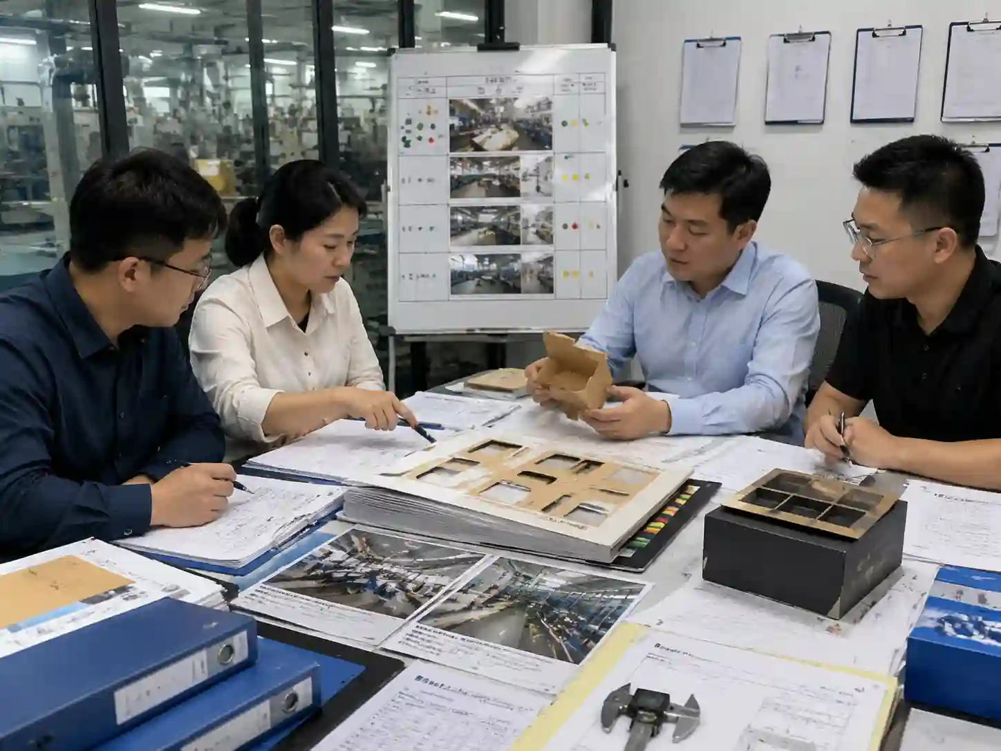 Packaging supplier sample review with production records and quality verification documents