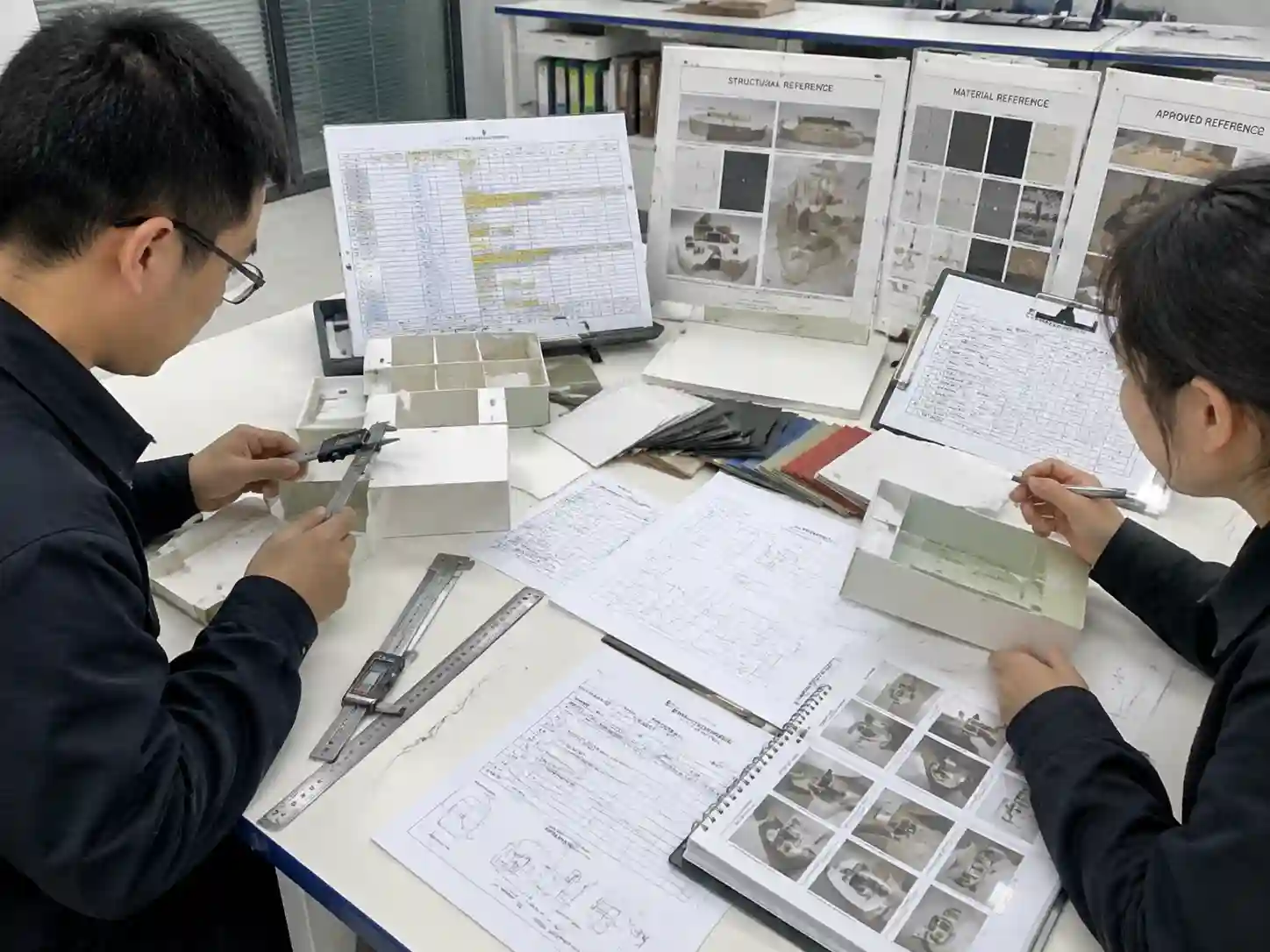 Packaging engineering sample inspection with measurements and production planning documents