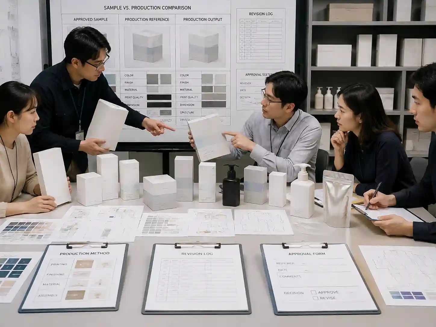 Packaging teams reviewing sample differences from mass production with approval records and sample comparison documents.