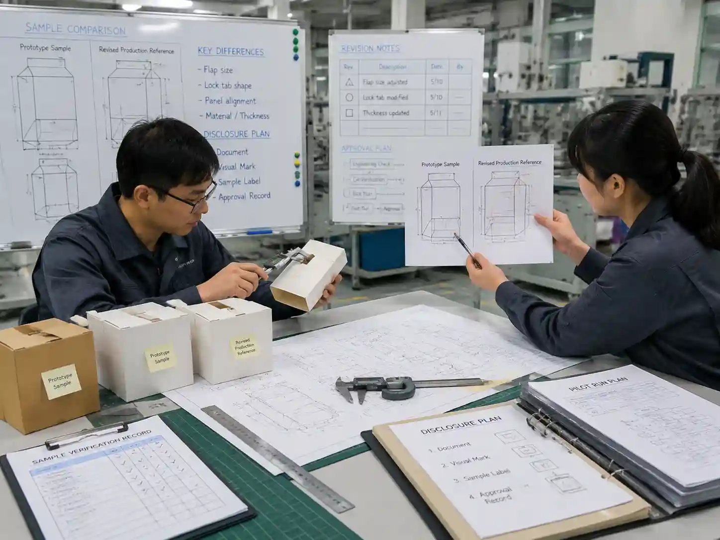 Packaging engineers documenting prototype and mass production differences with drawings and measurements.