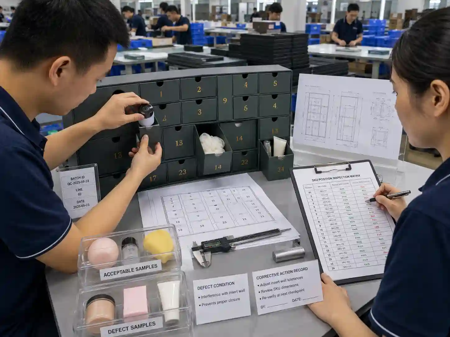 QC inspectors performing mixed-SKU product-fit sampling on advent calendar compartments and recording SKU-position inspection results.