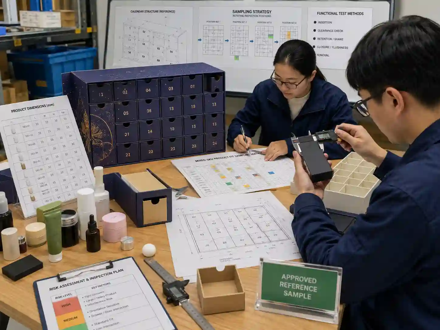 Packaging engineers planning mixed-SKU advent calendar product-fit sampling using drawings, dimensional data, gauges, and reference samples.
