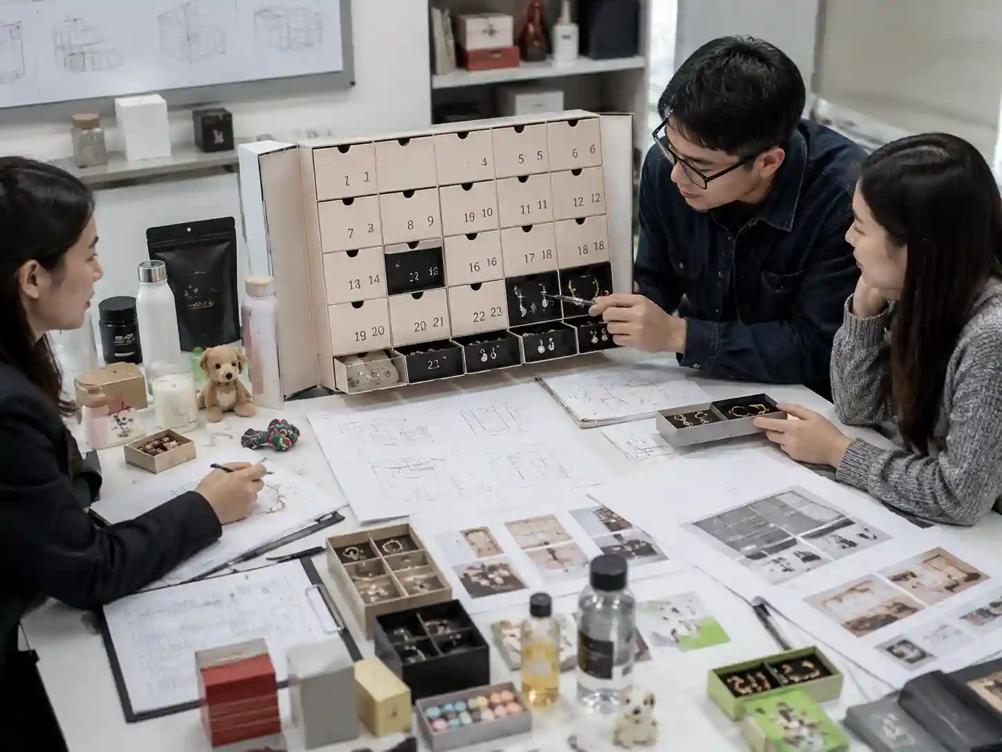 Packaging specialists reviewing jewelry advent calendar insert design for earrings rings and bracelets