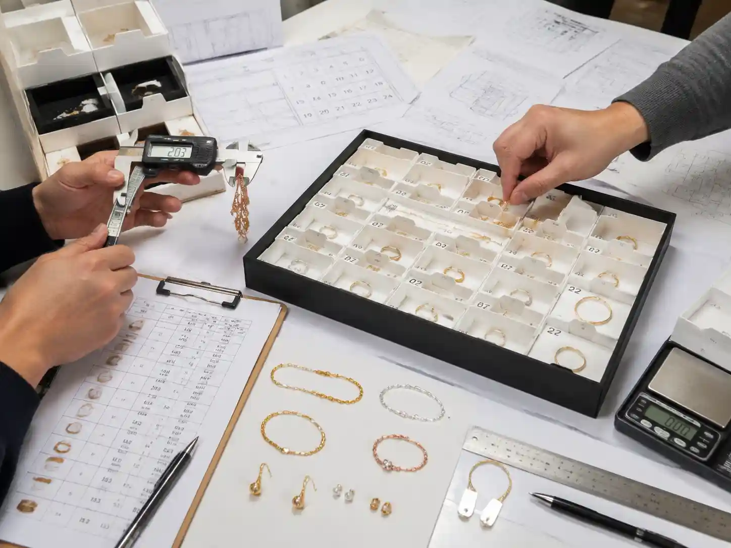 Packaging engineers testing jewelry advent calendar insert compartments and product fit