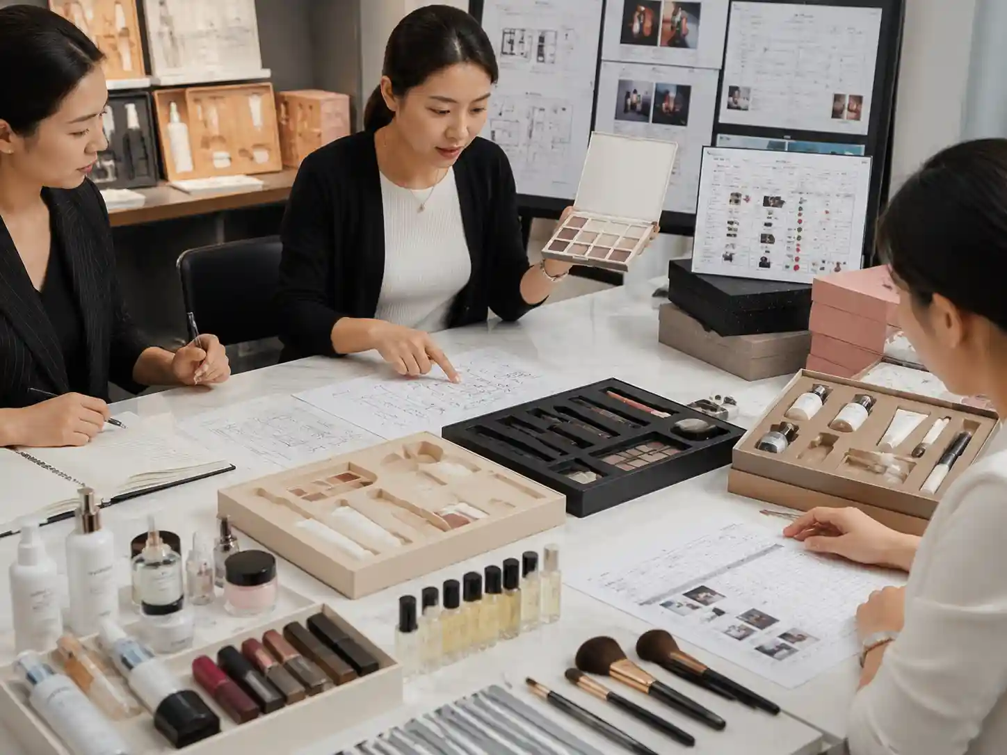 Packaging specialists reviewing makeup palette scuff protection methods with inserts and mixed beauty products.