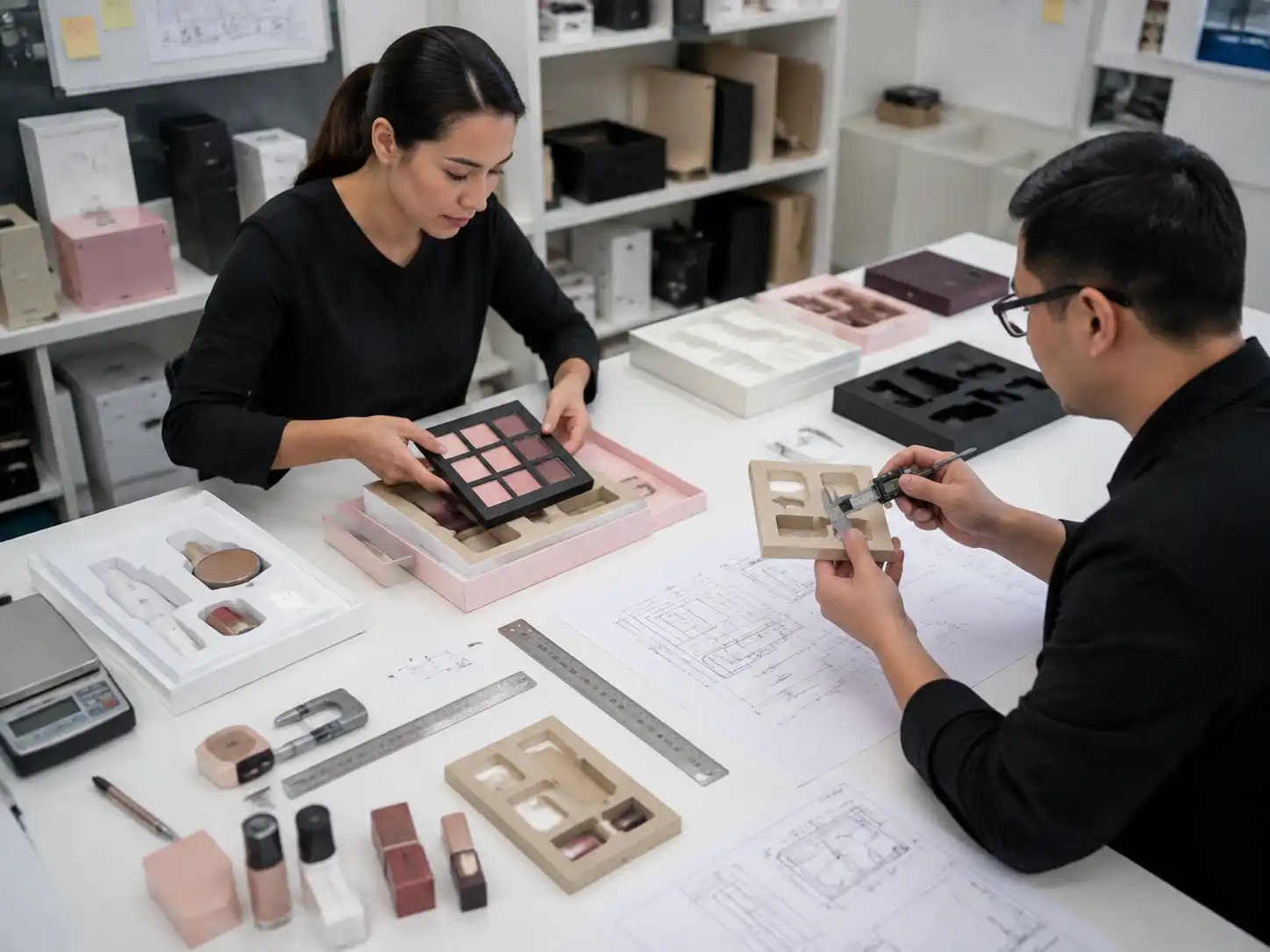 Packaging engineers testing makeup palette insert fit and contact point protection.
