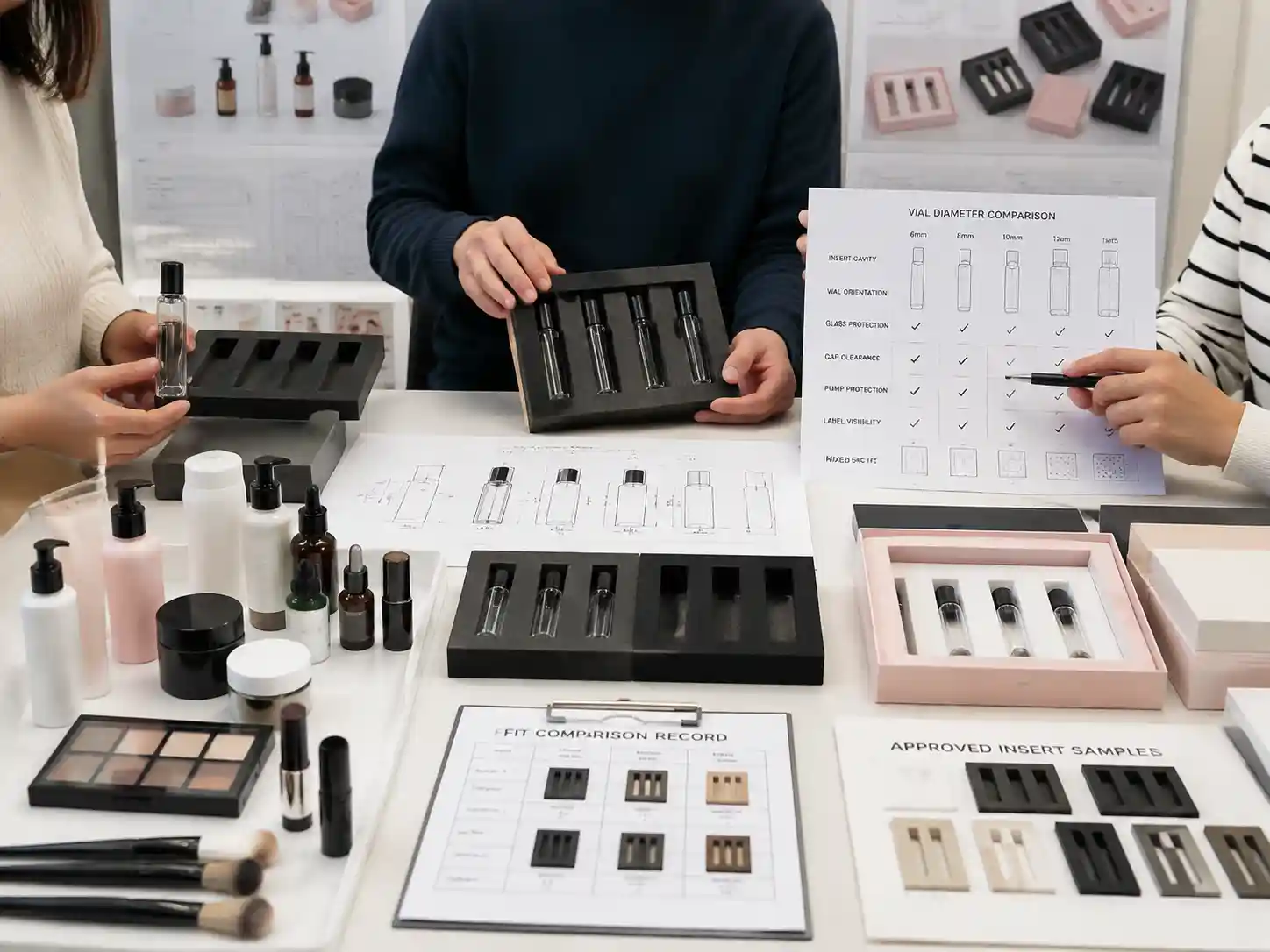 Packaging specialists reviewing mixed diameter perfume vial insert designs and fit requirements