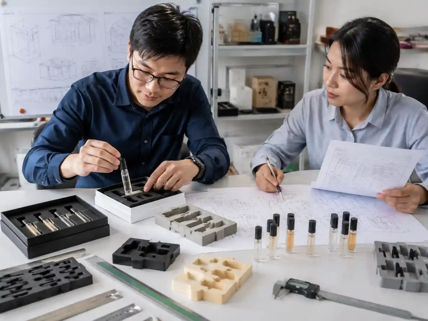 Engineering team testing insert cavities for perfume vials with different diameters