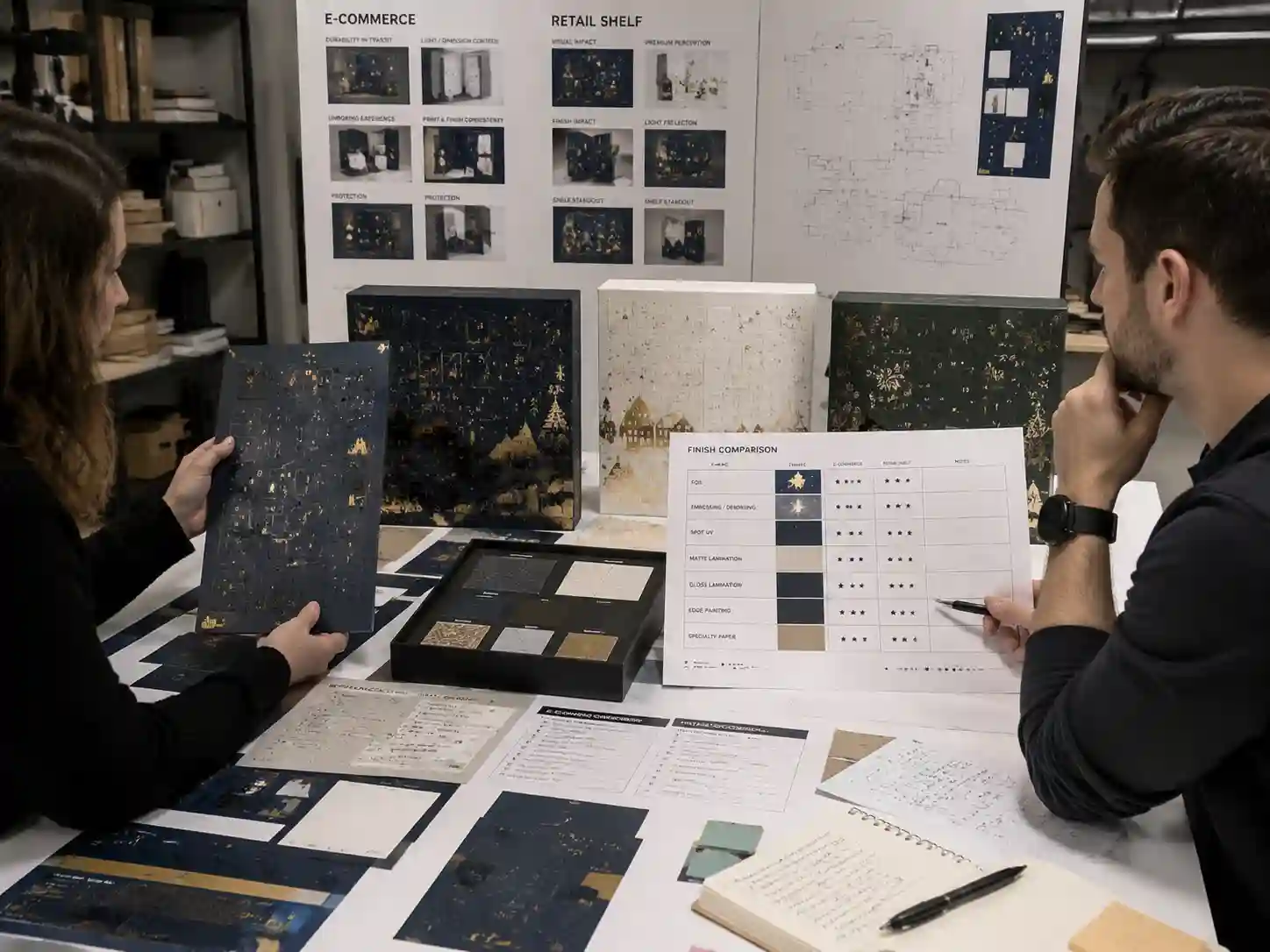 Packaging designers comparing ecommerce vs retail packaging finishes with foil, embossing, spot UV and lamination samples