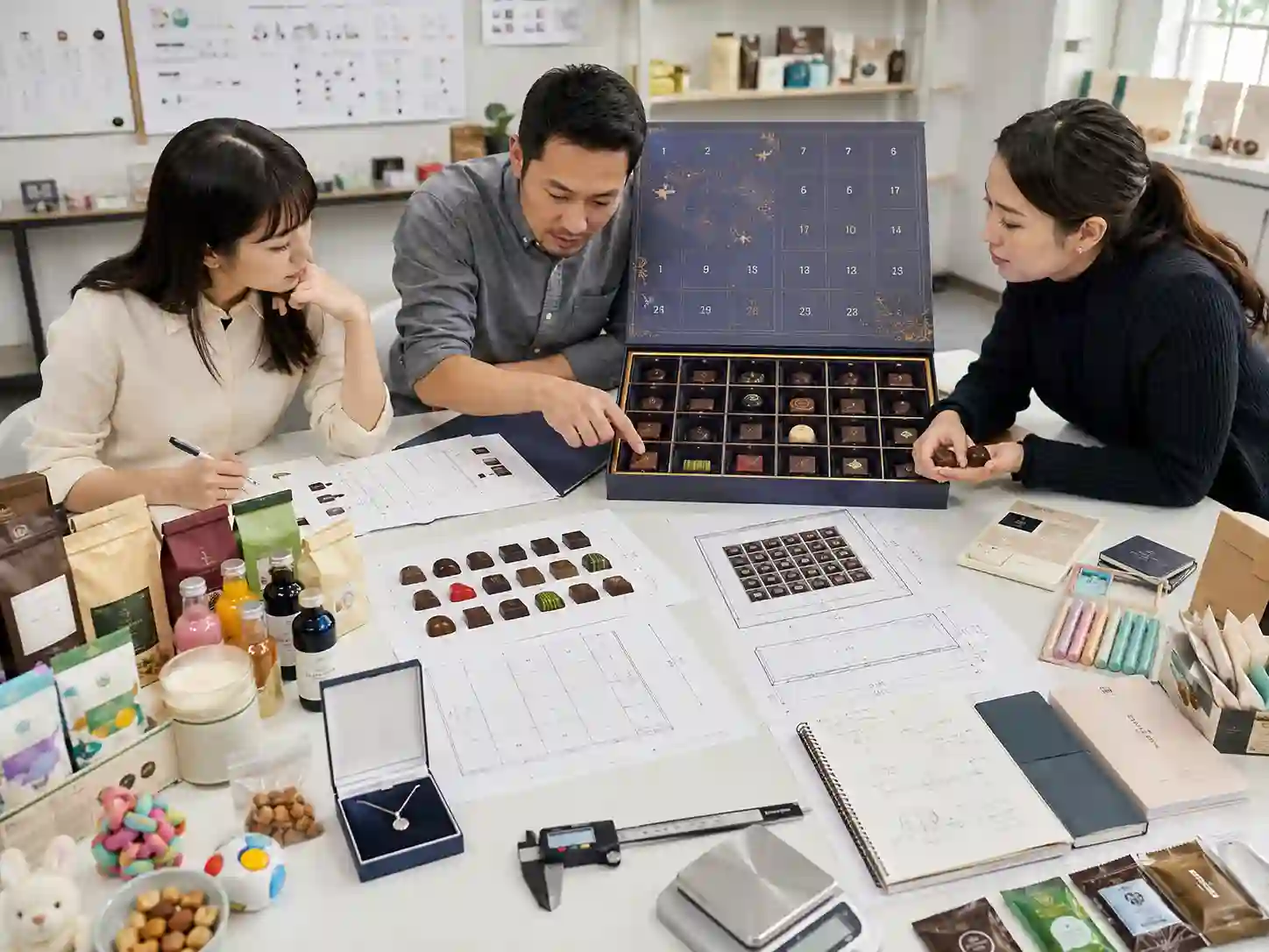 Packaging specialists reviewing chocolate flavor and odor separation in an advent calendar compartment layout.