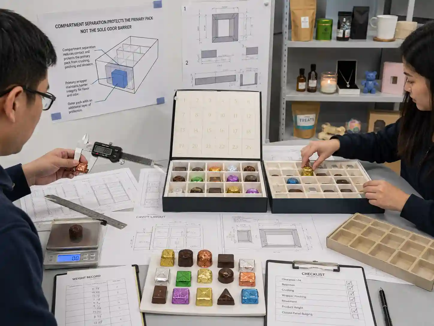 Packaging engineers measuring wrapped chocolate pieces and testing separated advent calendar cavities.