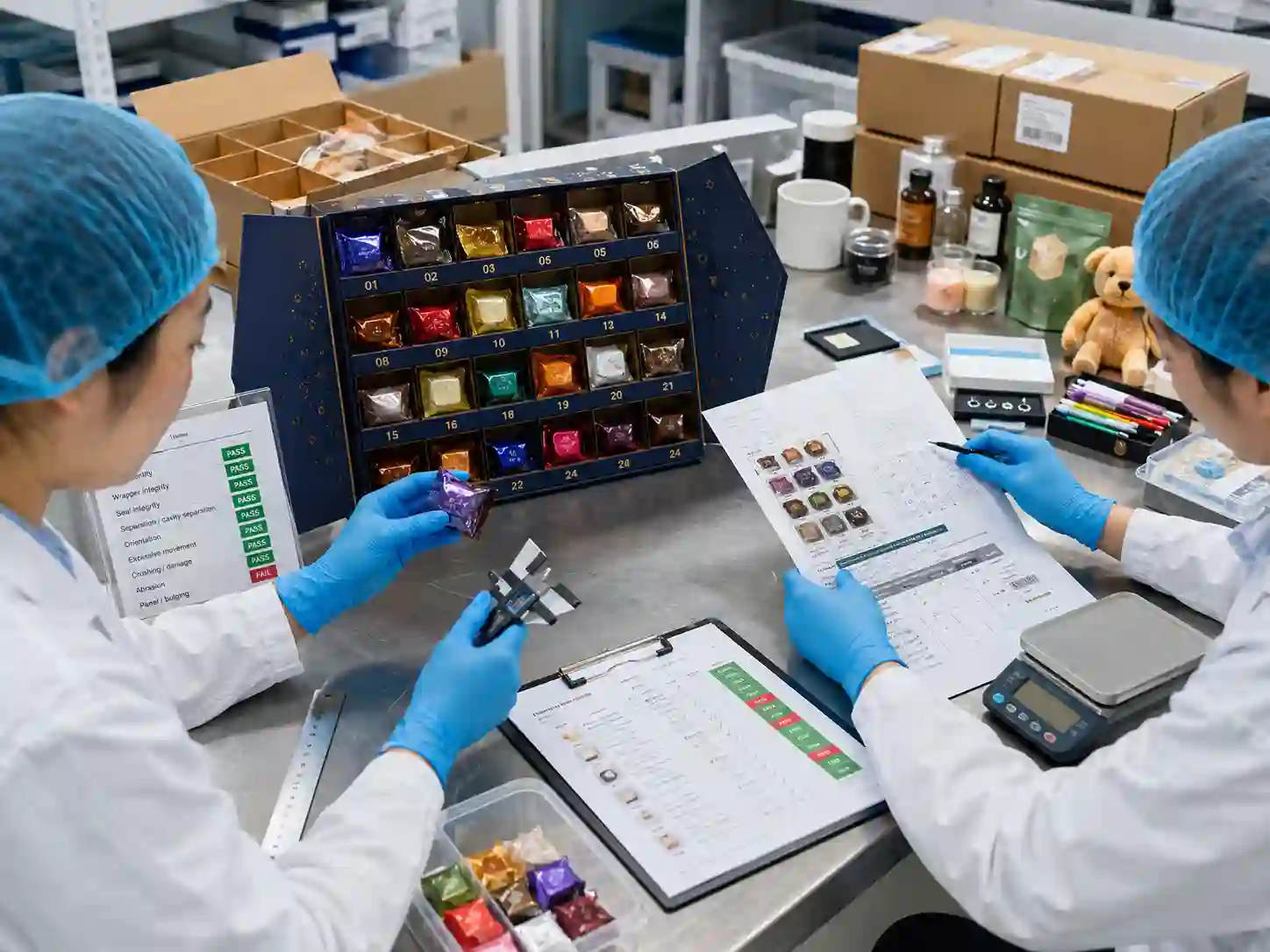 QC staff verifying wrapped chocolate separation, compartment fit, and packaging integrity in an advent calendar.