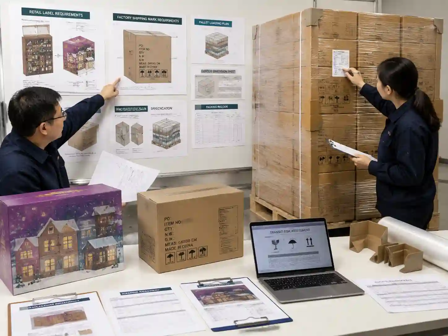 Packaging specialists reviewing retail labels and factory shipping marks on advent calendar export cartons before shipment