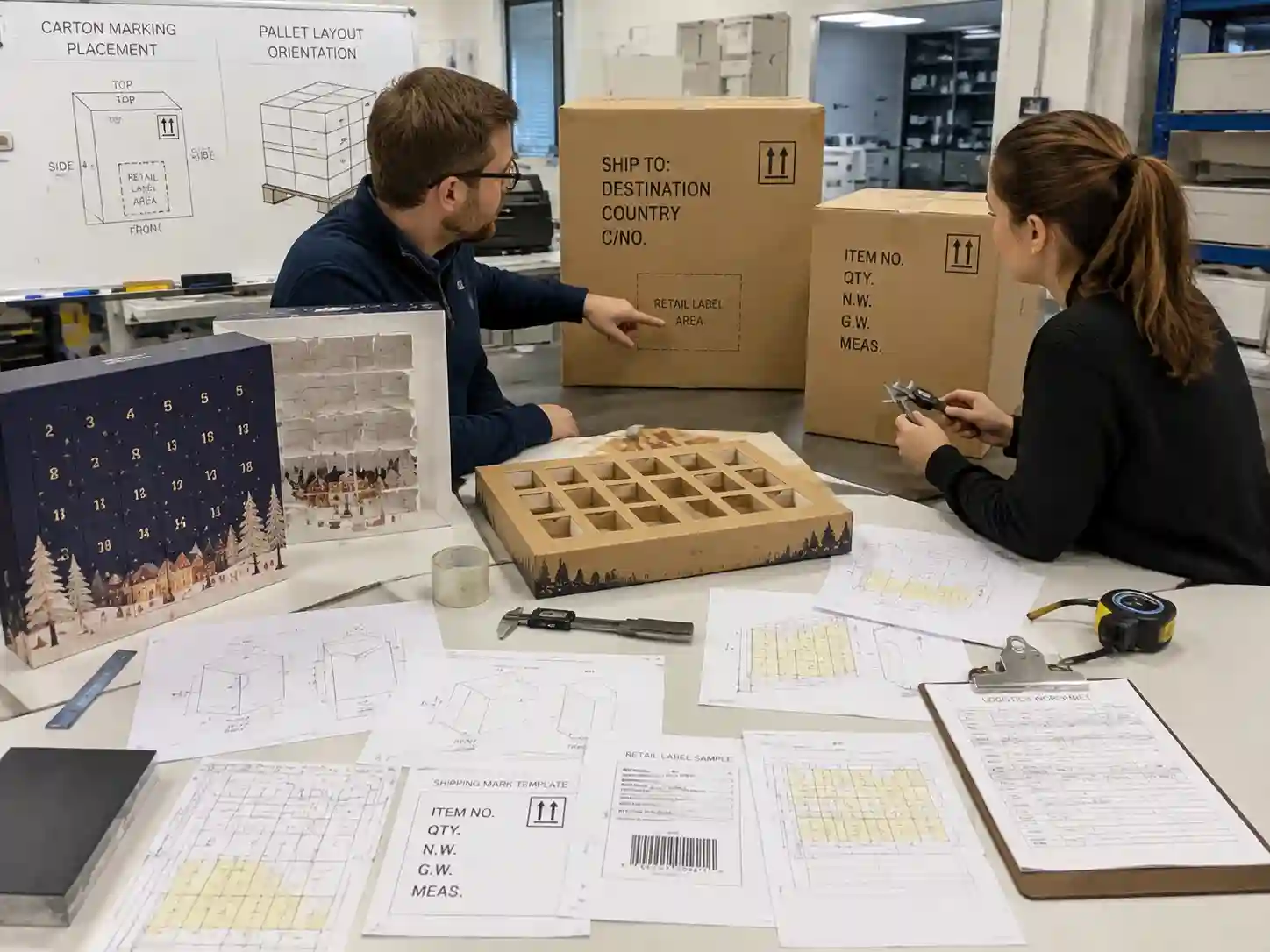 Packaging engineers planning separate retail labels and factory shipping marks for export cartons
