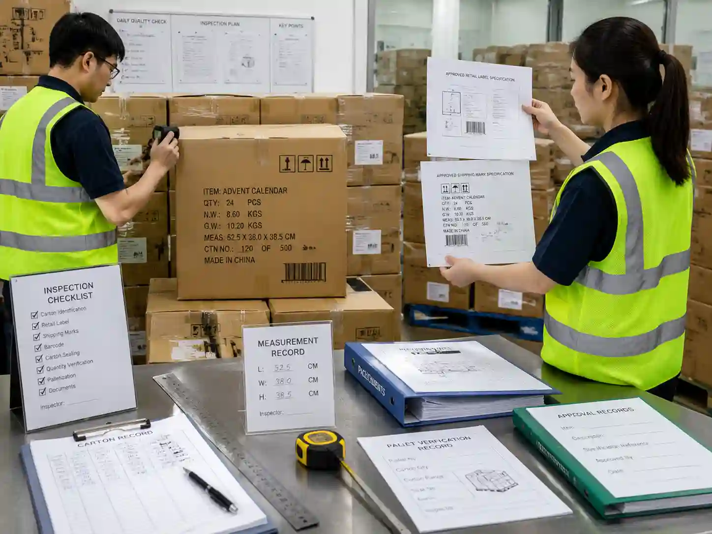 QC staff verifying retail labels and shipping marks on advent calendar export cartons